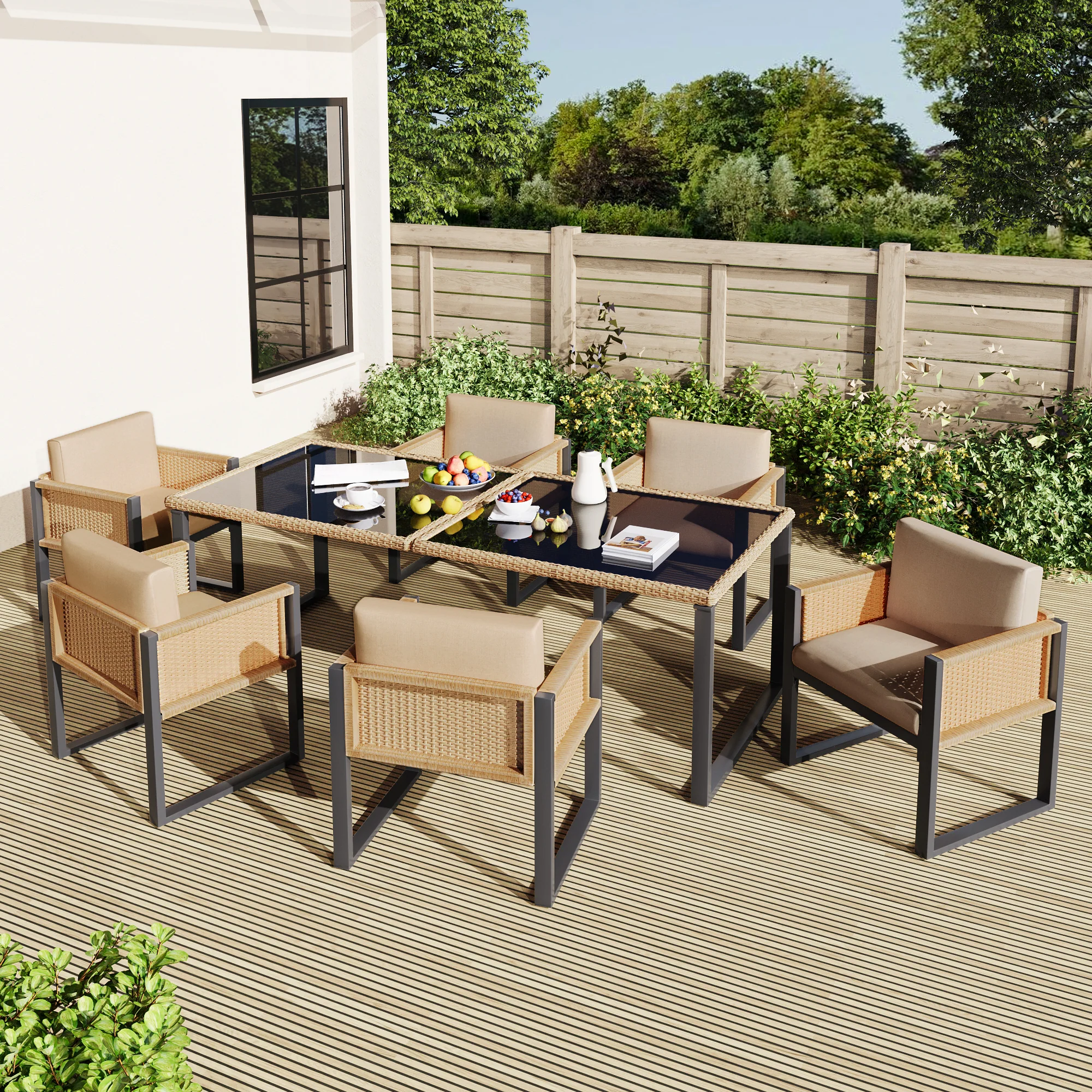 Polyrattan Dining Set 6-Person Armchairs Removable Covers - Image 9