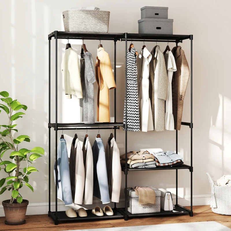 Portable Clothes Rack Metal Frame Storage Shelves - Black