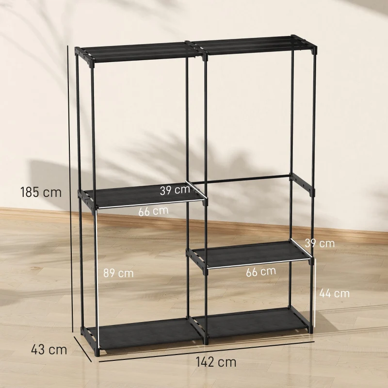 Portable Clothes Rack Metal Frame Storage Shelves - Black - Image 3