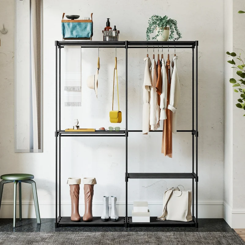Portable Clothes Rack Metal Frame Storage Shelves - Black - Image 8