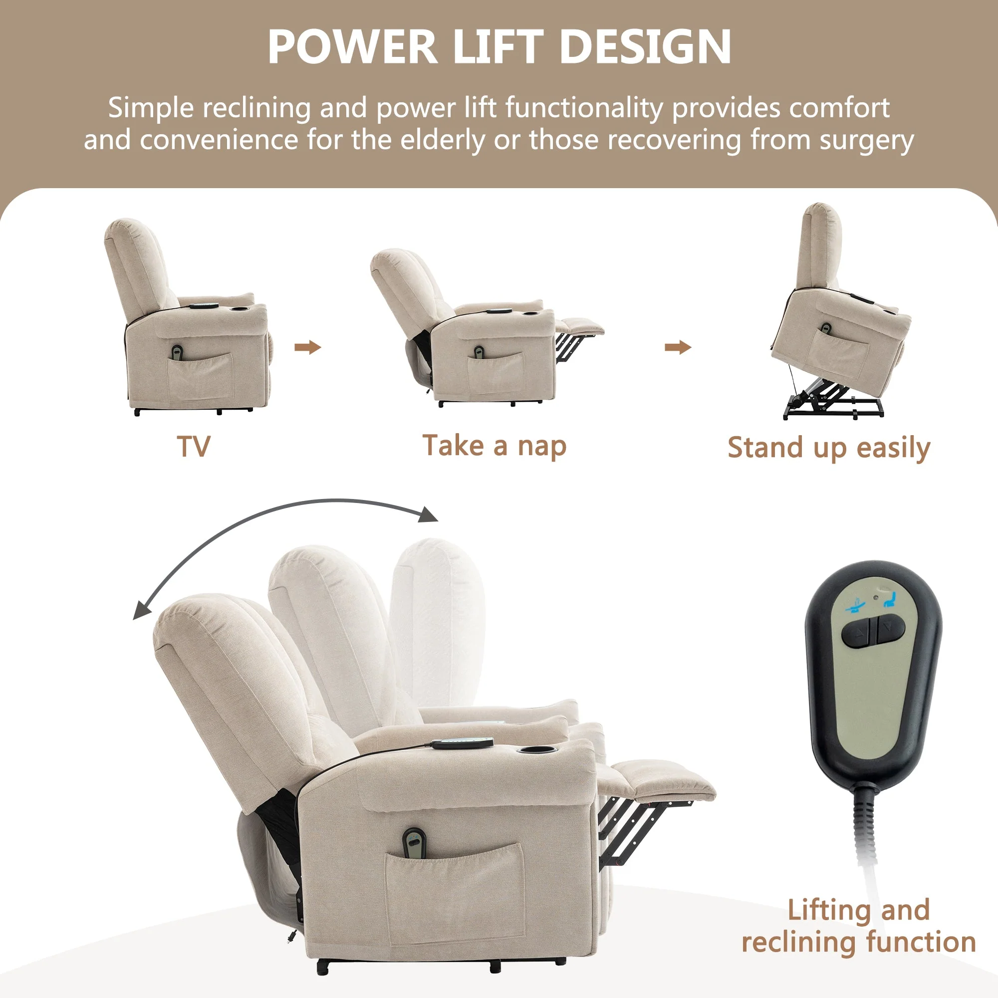 Power Lift Geriatric Recliner Chair with Single Motor, Heated Massage, Standing Assist, Storage Bag & Cup Holder in Beige - Image 3