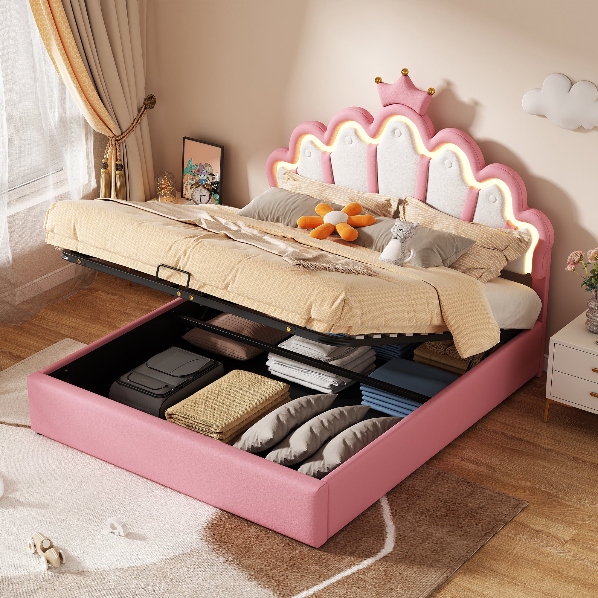 Princess Upholstered Bed 140x200cm Adjustable LED Crown Rail - Pink