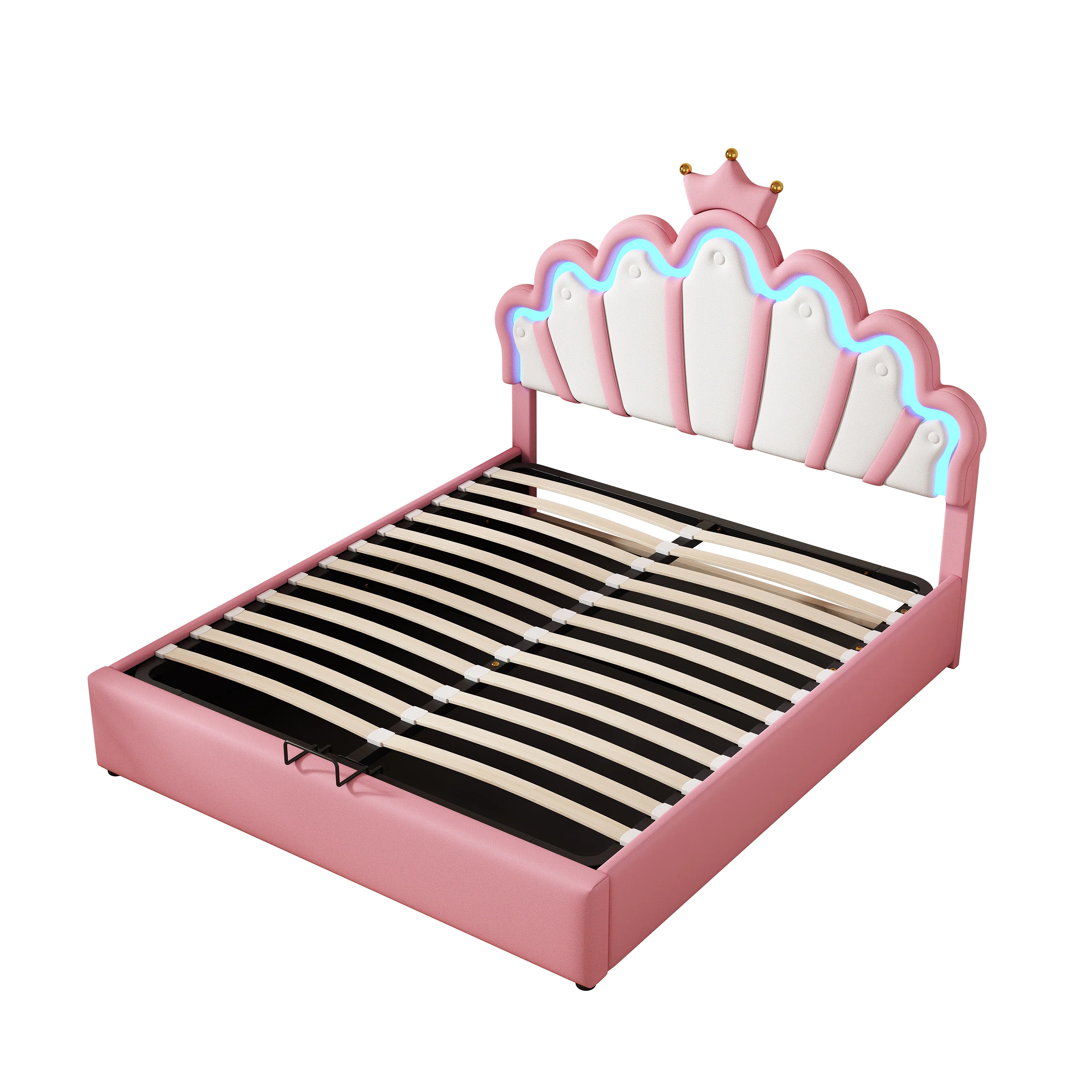 Princess Upholstered Bed 140x200cm Adjustable LED Crown Rail - Pink - Image 10