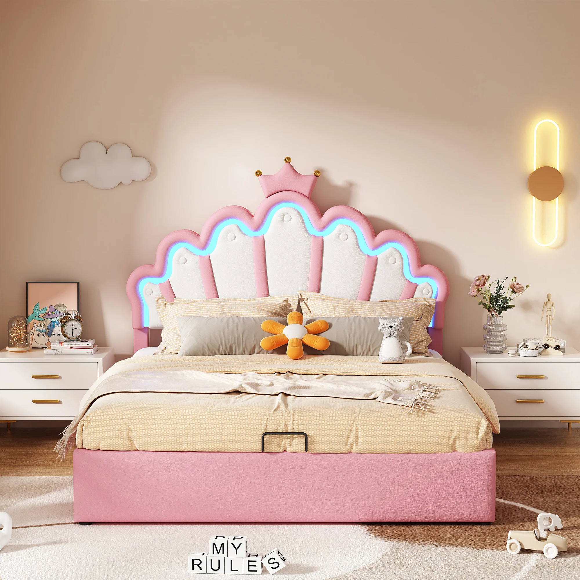 Princess Upholstered Bed 140x200cm Adjustable LED Crown Rail - Pink - Image 2
