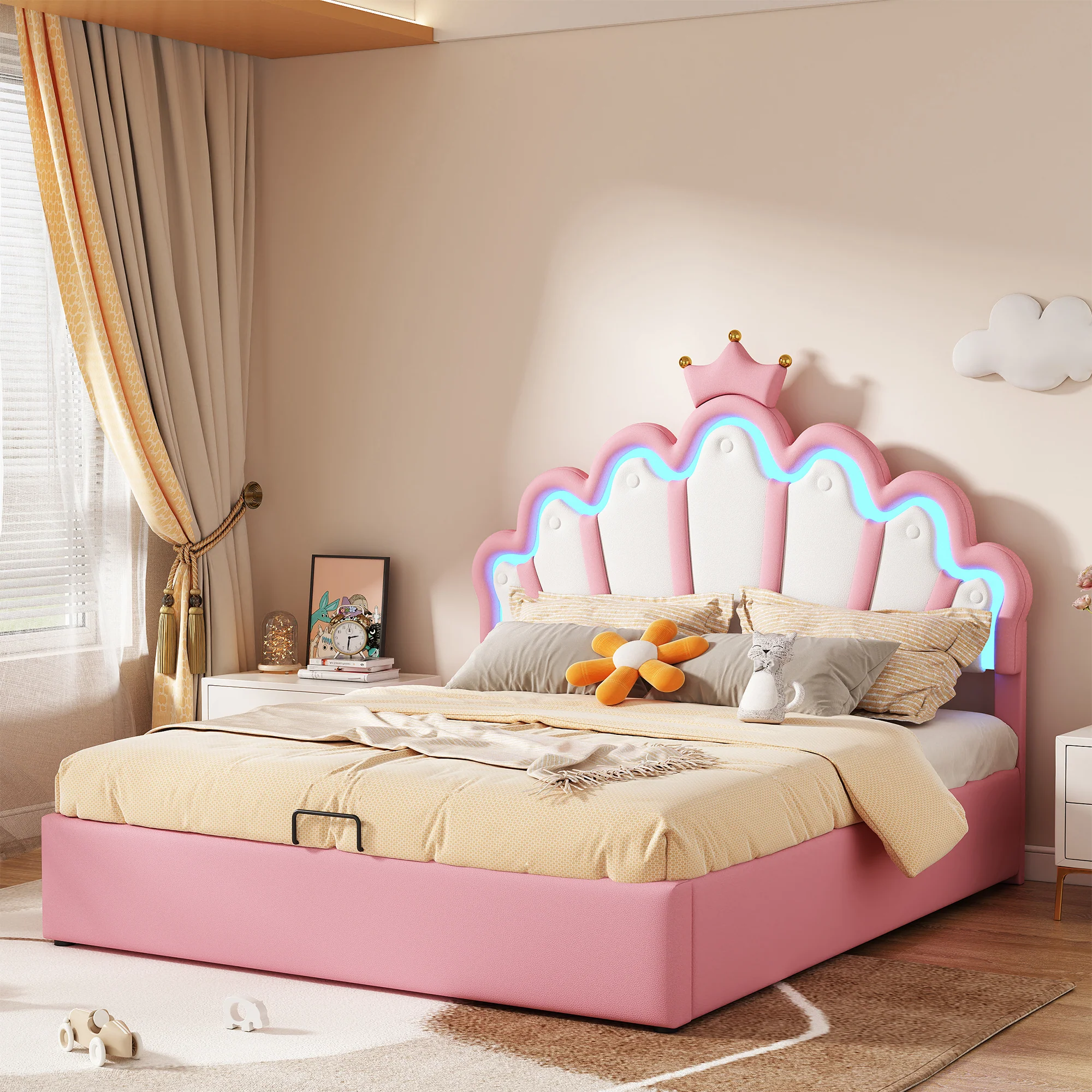 Princess Upholstered Bed 140x200cm Adjustable LED Crown Rail - Pink - Image 3