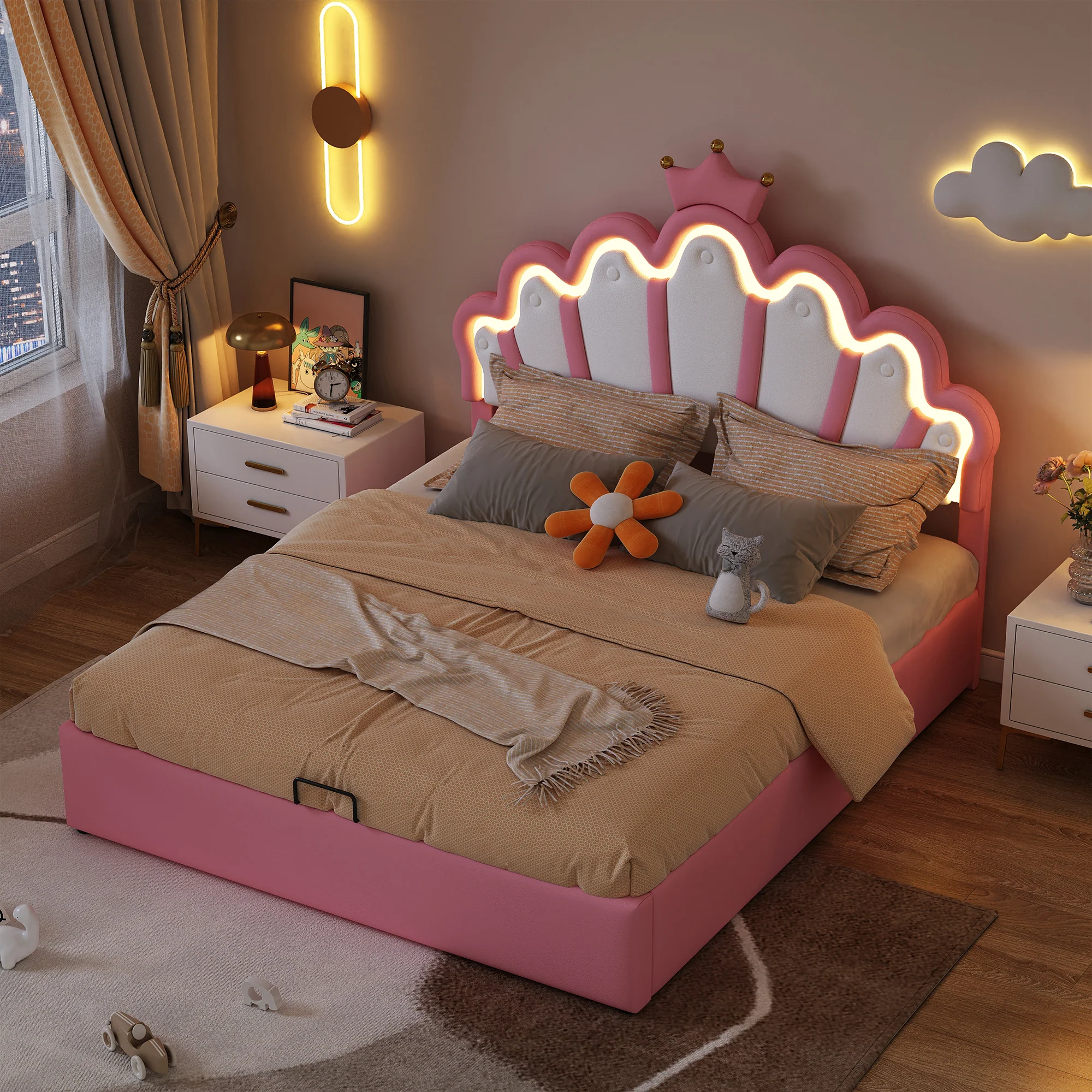 Princess Upholstered Bed 140x200cm Adjustable LED Crown Rail - Pink - Image 4