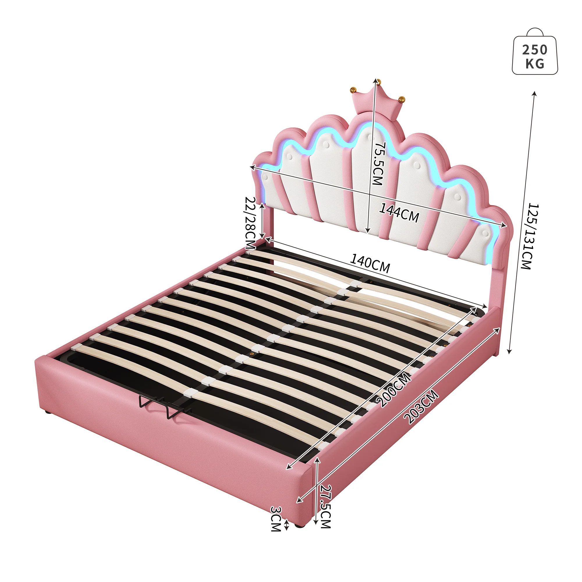 Princess Upholstered Bed 140x200cm Adjustable LED Crown Rail - Pink - Image 5