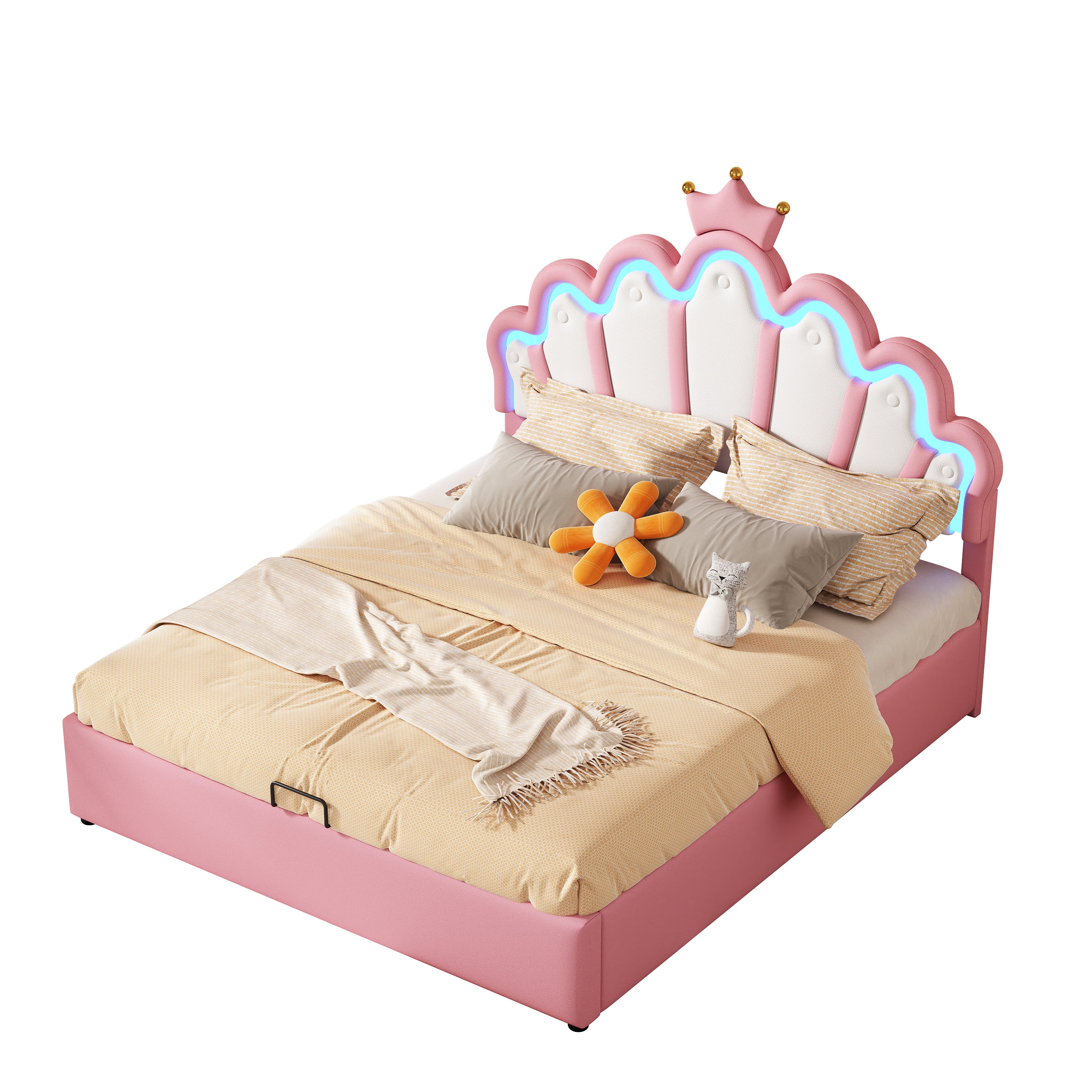 Princess Upholstered Bed 140x200cm Adjustable LED Crown Rail - Pink - Image 6