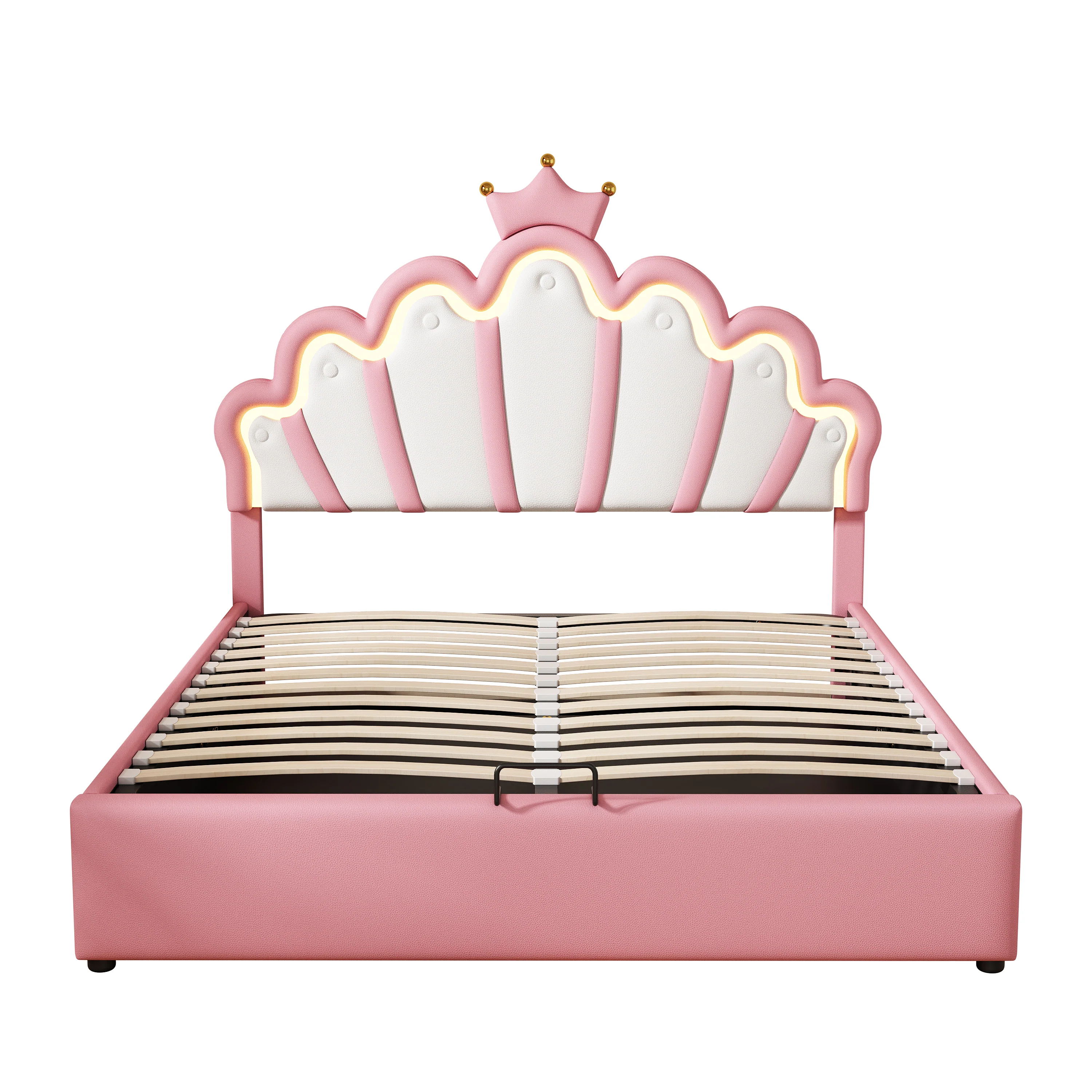 Princess Upholstered Bed 140x200cm Adjustable LED Crown Rail - Pink - Image 7