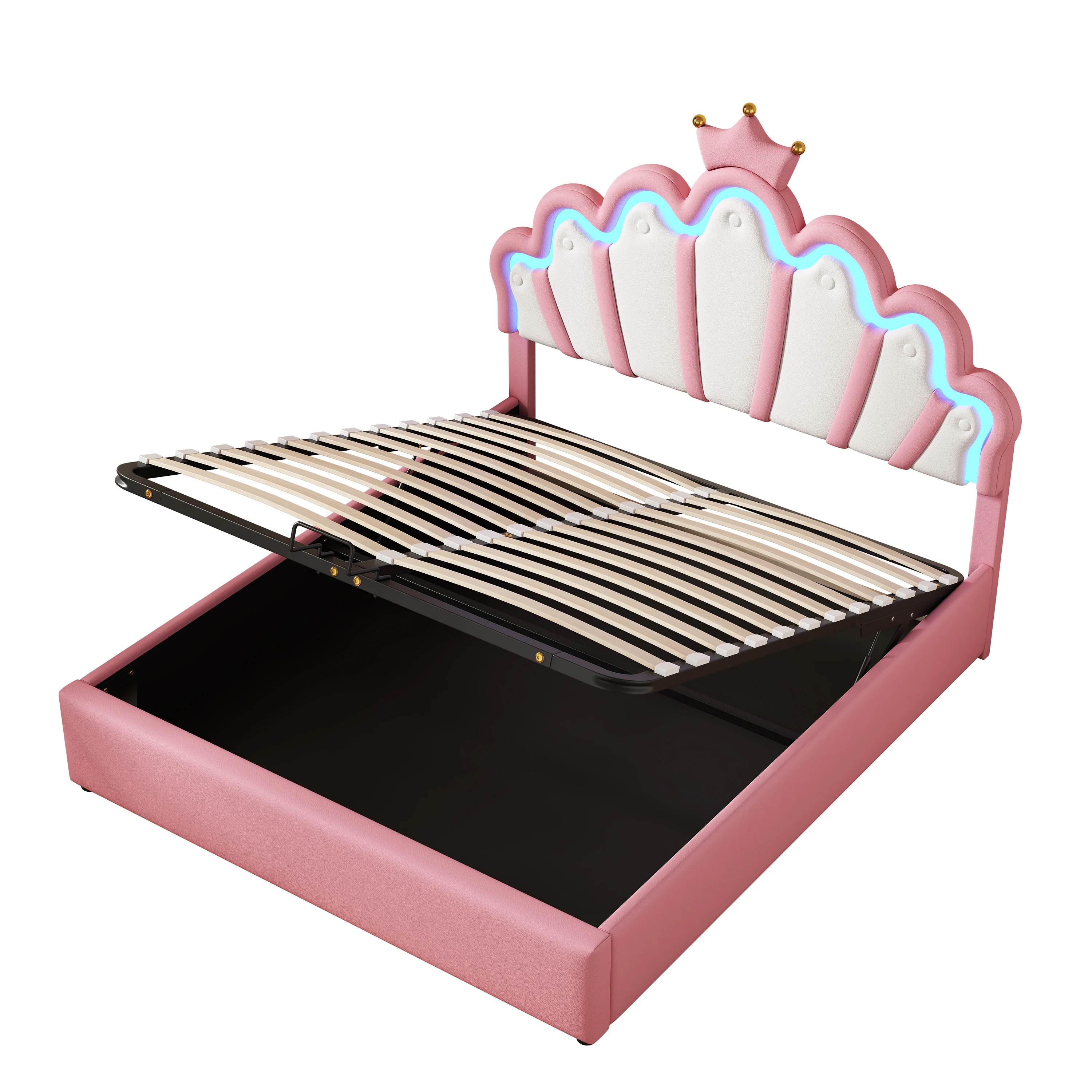 Princess Upholstered Bed 140x200cm Adjustable LED Crown Rail - Pink - Image 8