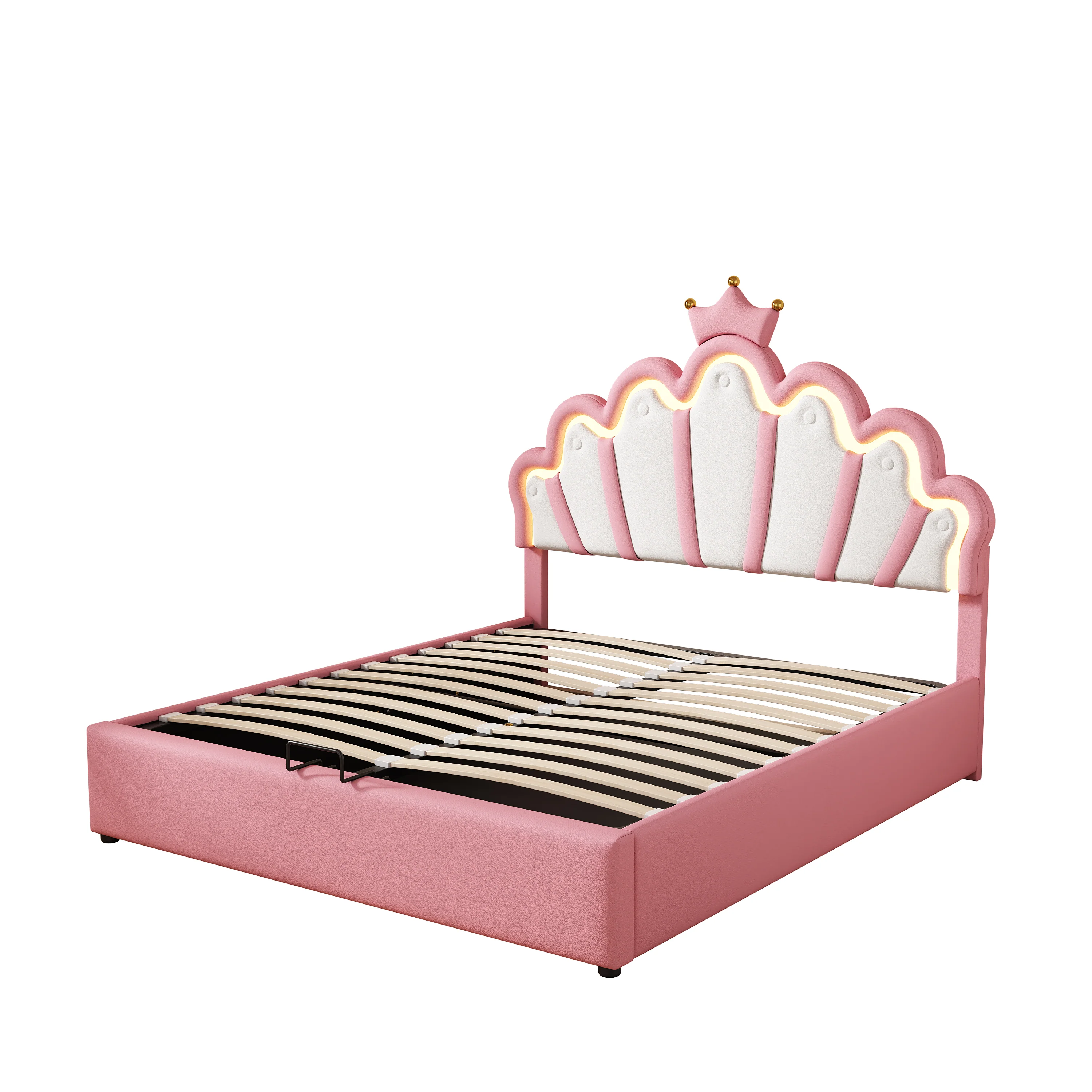 Princess Upholstered Bed 140x200cm Adjustable LED Crown Rail - Pink - Image 9