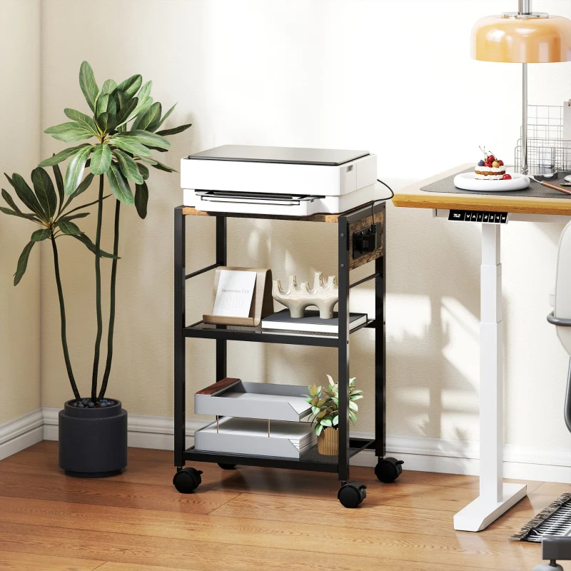 Printer Stand with Wheels Power Outlets USB & USB-C Ports - Rustic Brown - Image 2