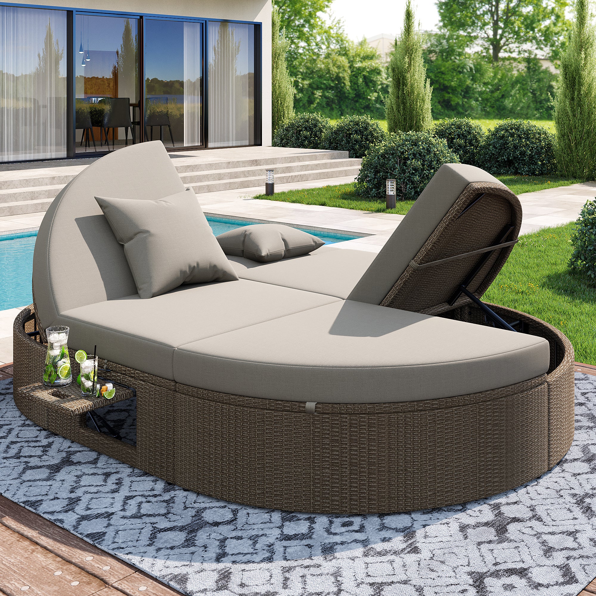 Rattan Double Lounger Outdoor Sunbed 2 Person Adjustable Angle Folding Table - Image 2