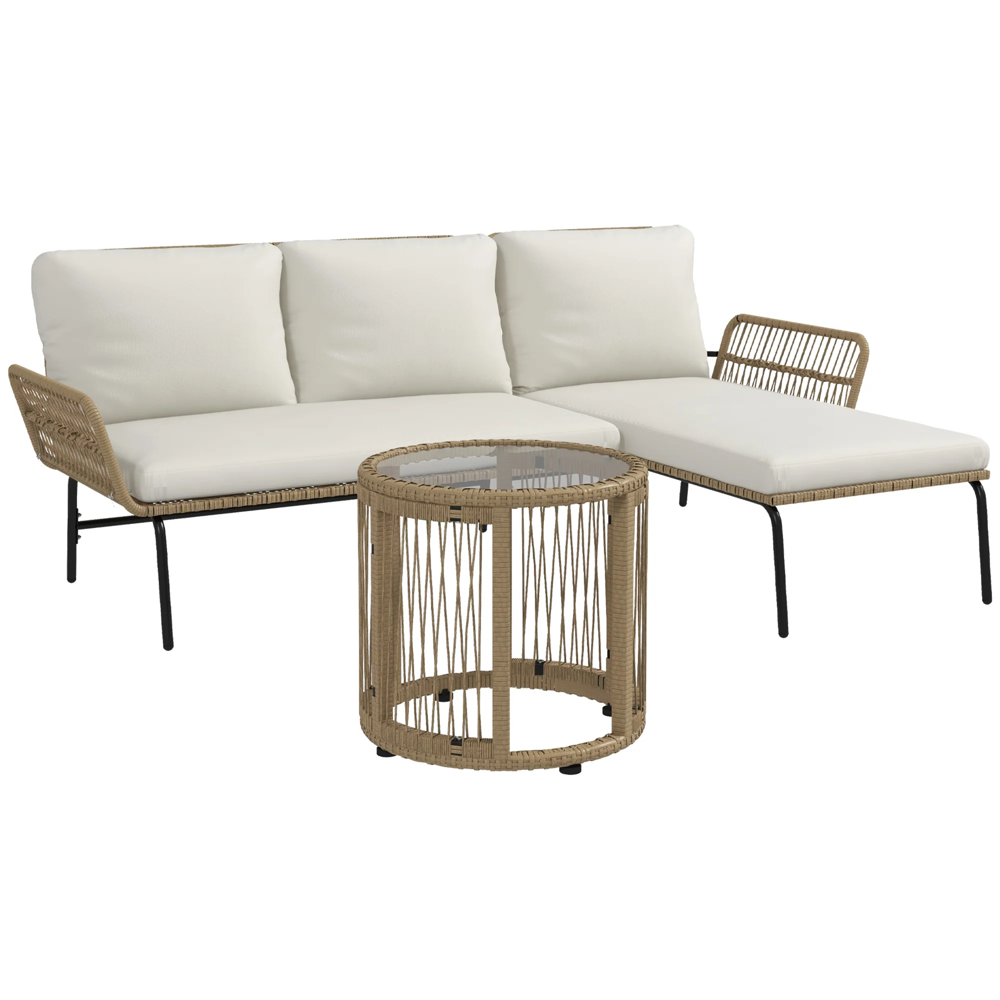Rattan Garden Furniture Set with Sun Lounger, Coffee Table, Loveseat & Cushions, Cream - Image 2