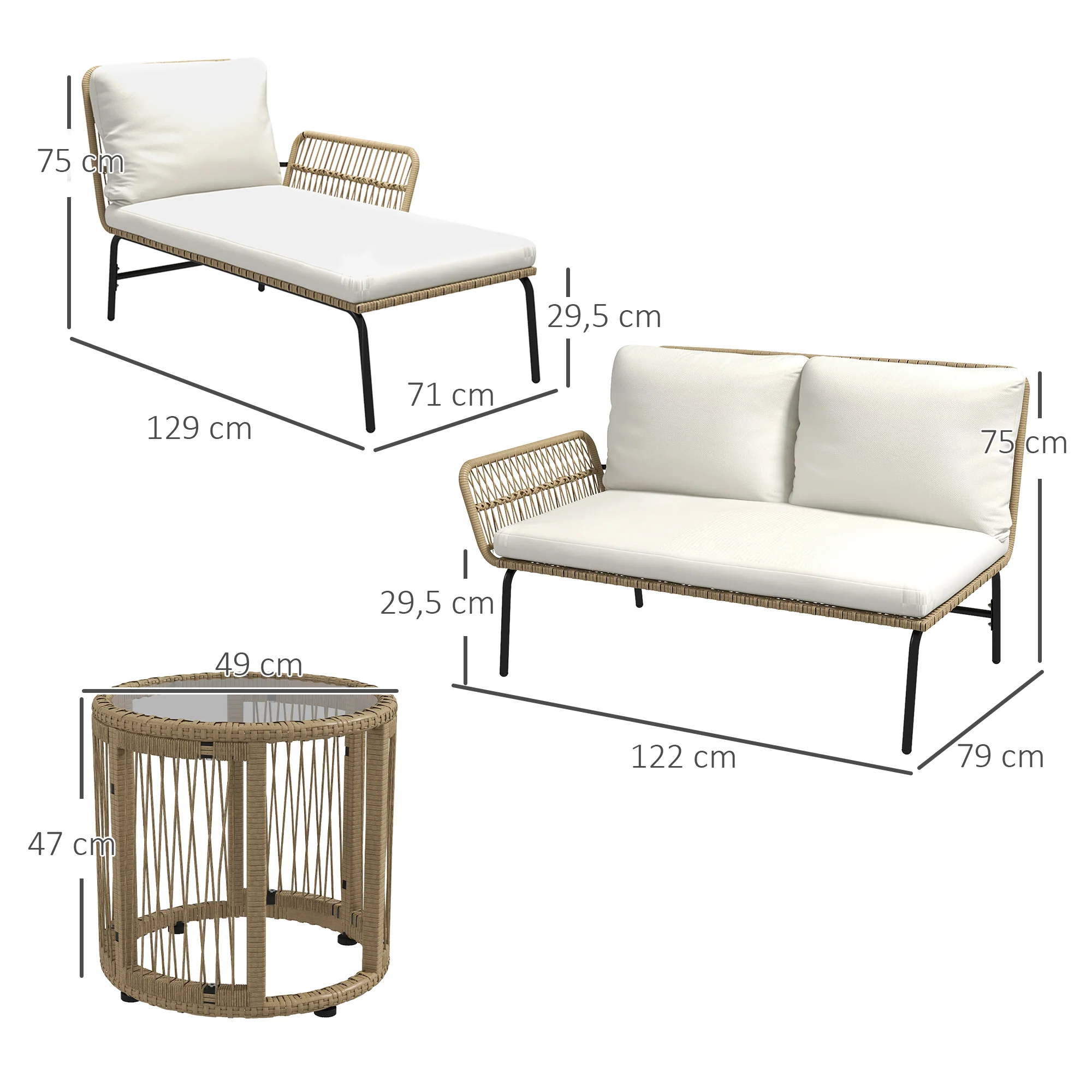 Rattan Garden Furniture Set with Sun Lounger, Coffee Table, Loveseat & Cushions, Cream - Image 3