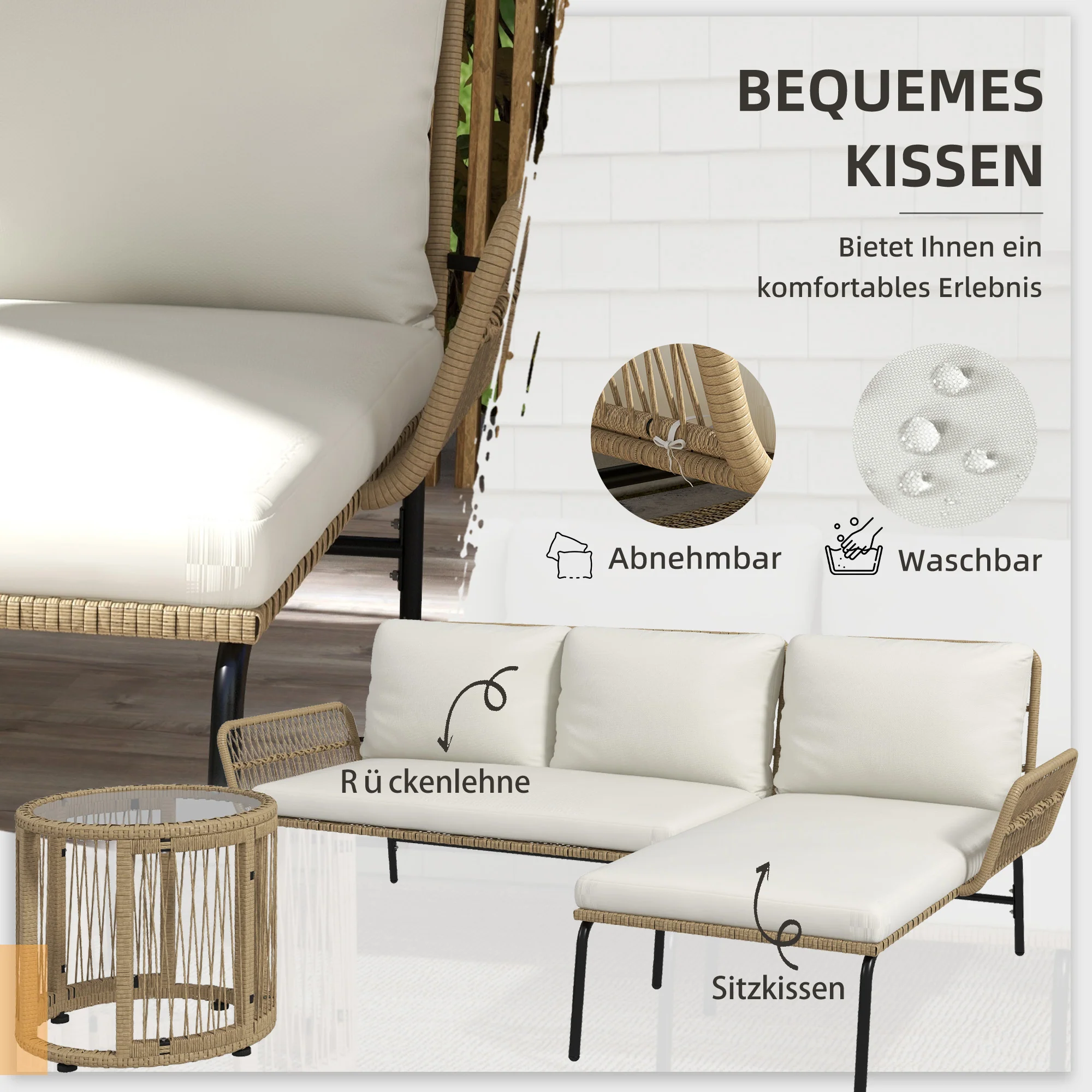 Rattan Garden Furniture Set with Sun Lounger, Coffee Table, Loveseat & Cushions, Cream - Image 5