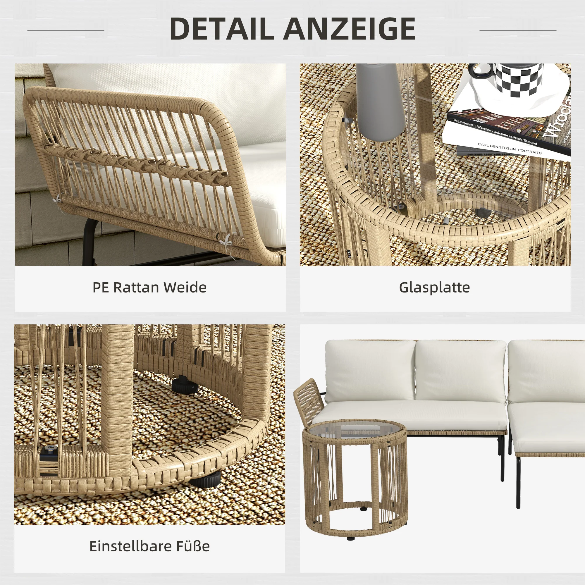 Rattan Garden Furniture Set with Sun Lounger, Coffee Table, Loveseat & Cushions, Cream - Image 6