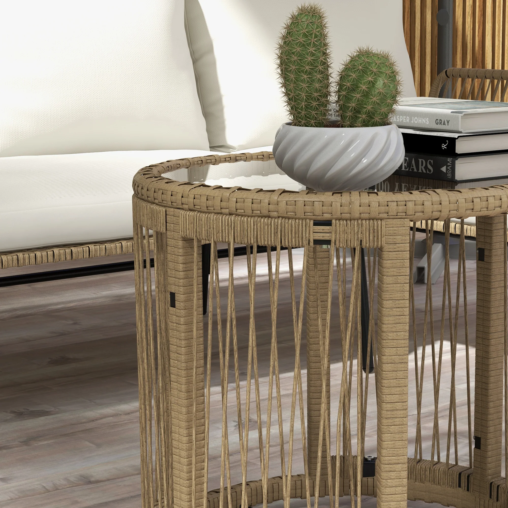 Rattan Garden Furniture Set with Sun Lounger, Coffee Table, Loveseat & Cushions, Cream - Image 8