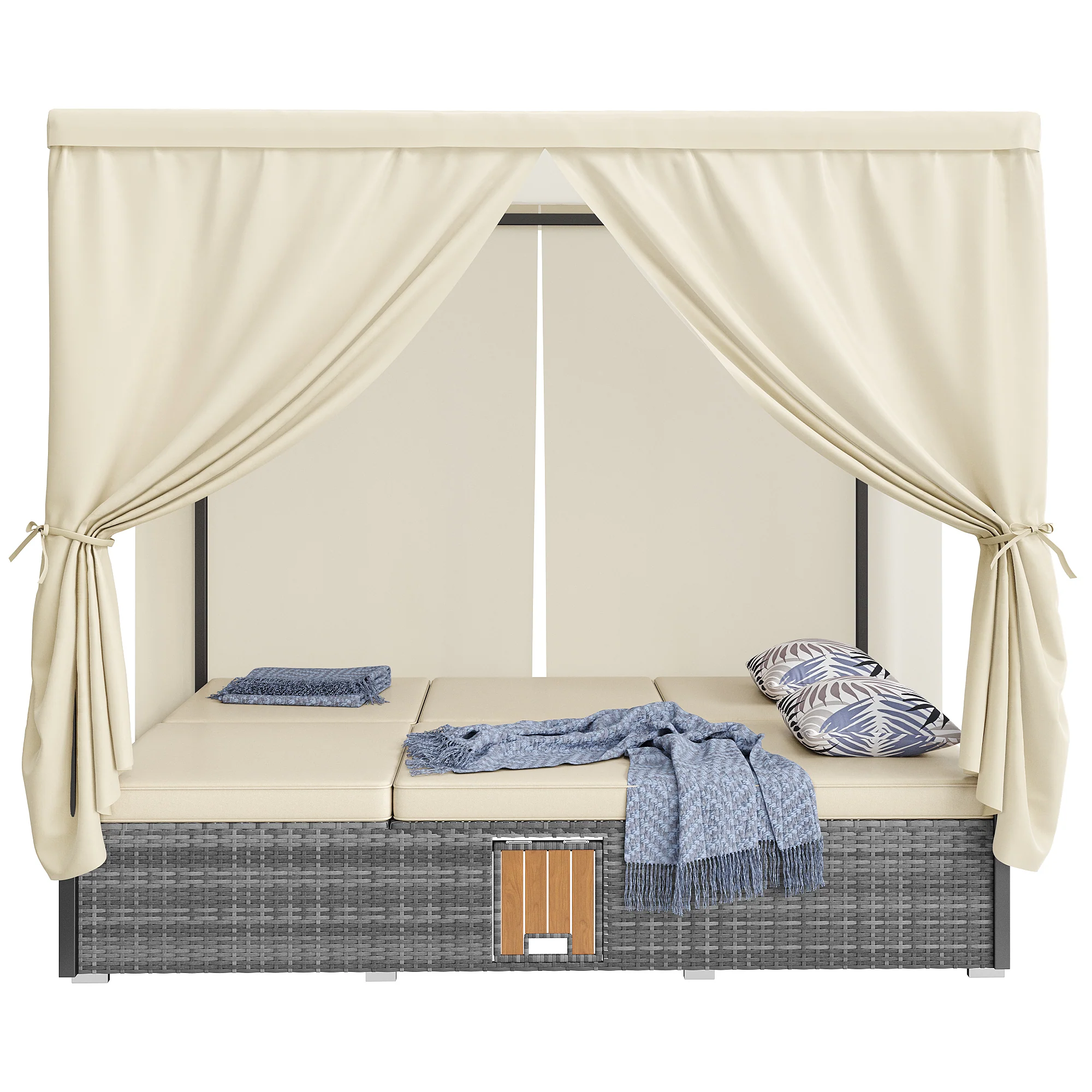 Rattan Garden Lounger Double Bed with Shade Curtain, Foldable & Table - Cream-White - Image 10