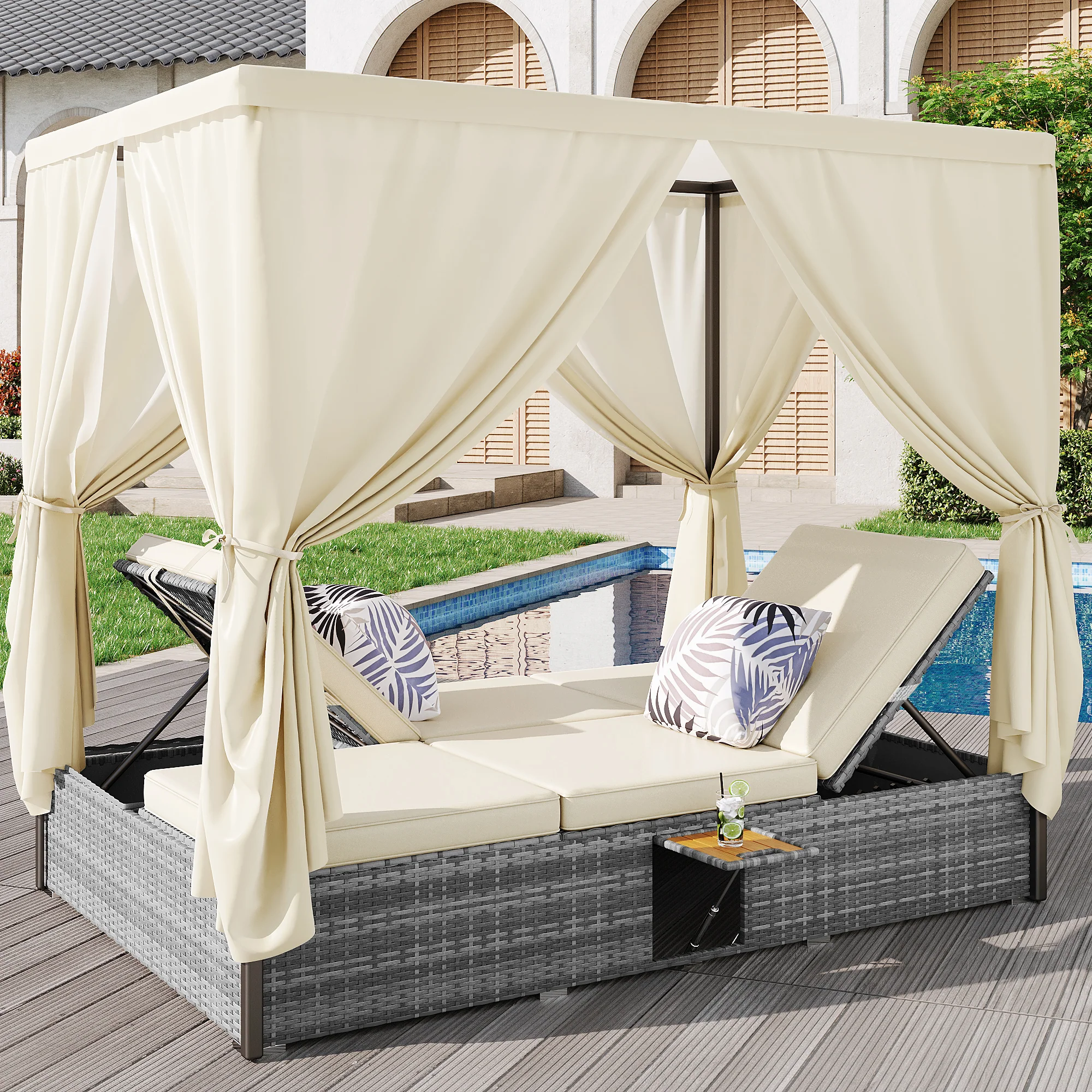 Rattan Garden Lounger Double Bed with Shade Curtain, Foldable & Table - Cream-White - Image 2