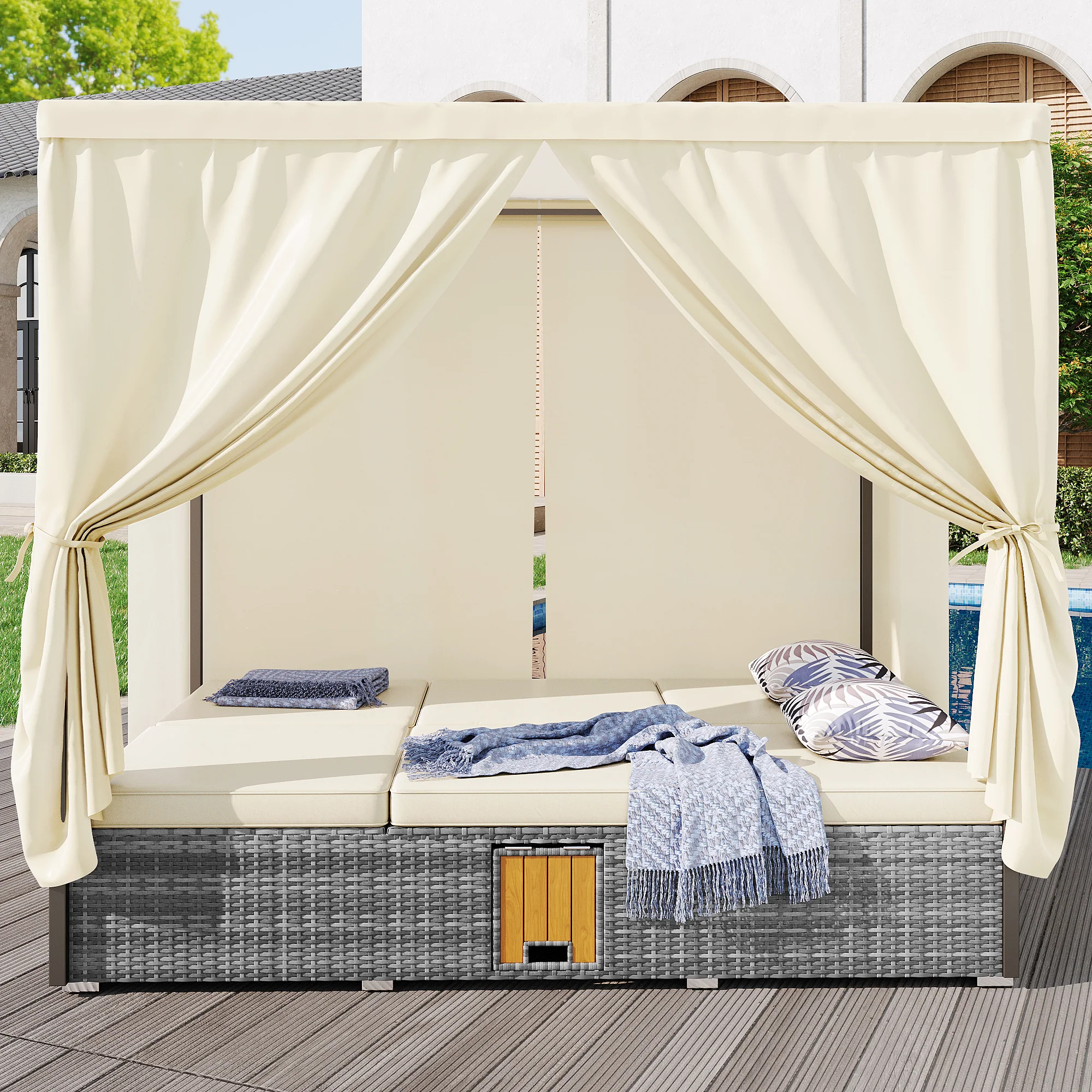 Rattan Garden Lounger Double Bed with Shade Curtain, Foldable & Table - Cream-White - Image 3