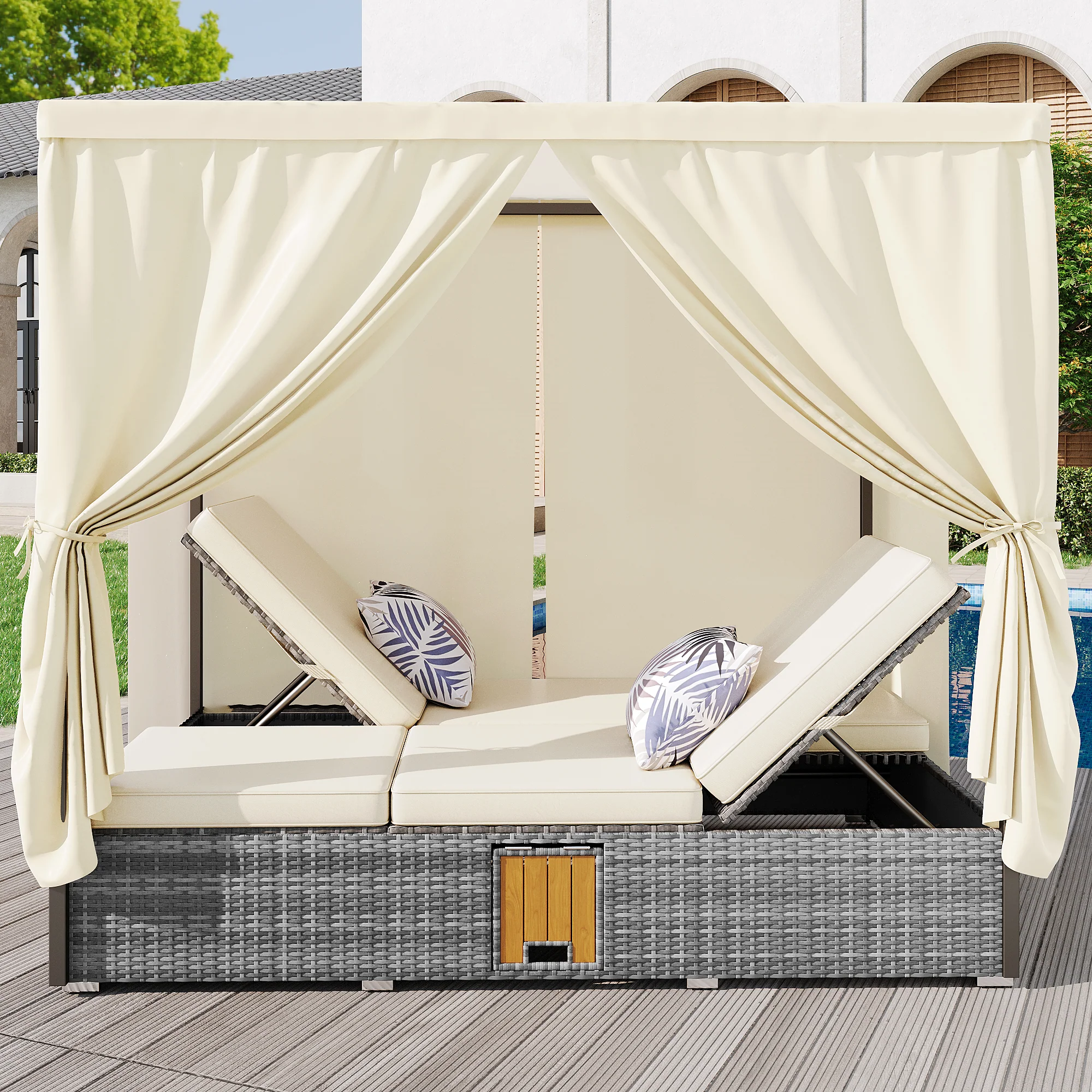 Rattan Garden Lounger Double Bed with Shade Curtain, Foldable & Table - Cream-White - Image 4
