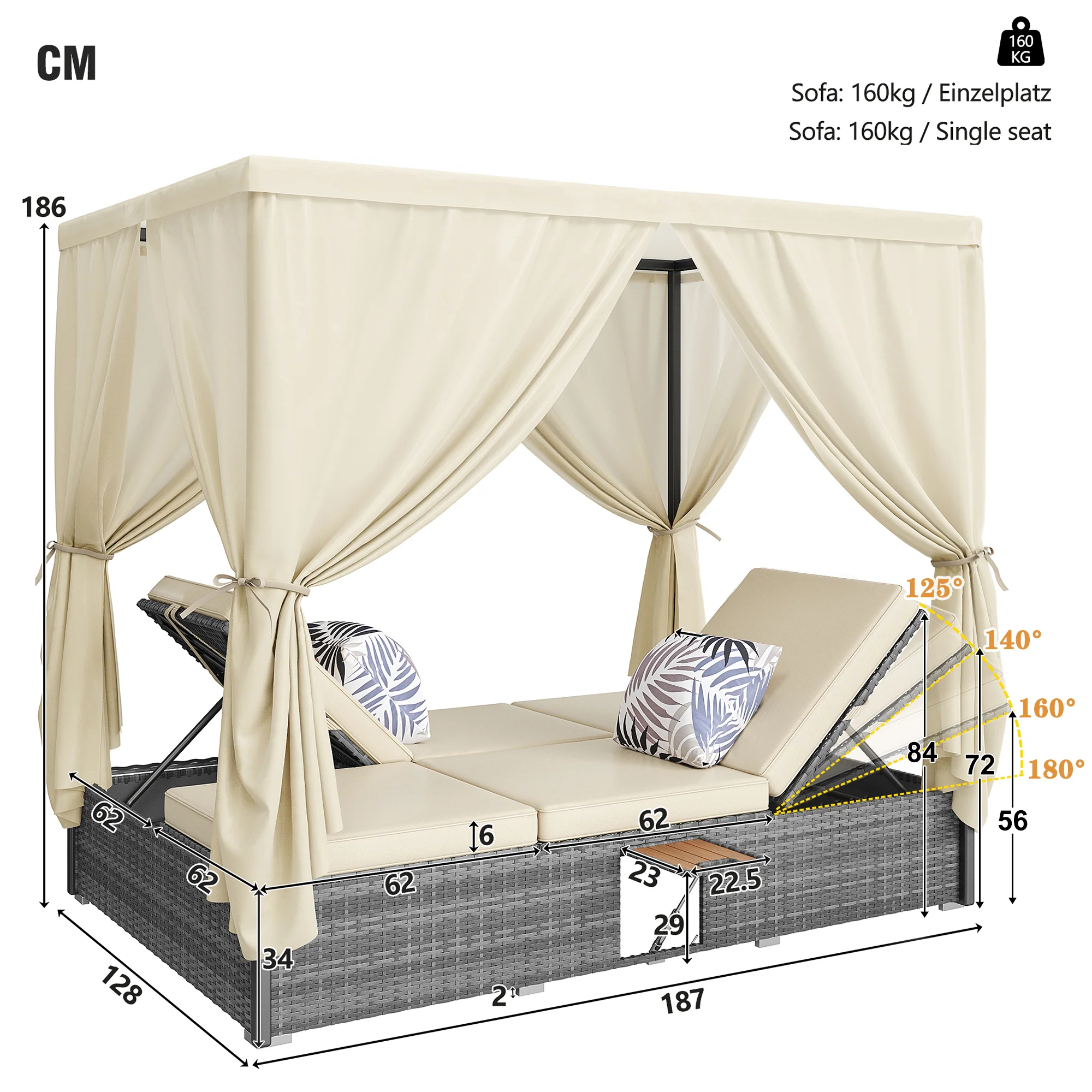 Rattan Garden Lounger Double Bed with Shade Curtain, Foldable & Table - Cream-White - Image 5
