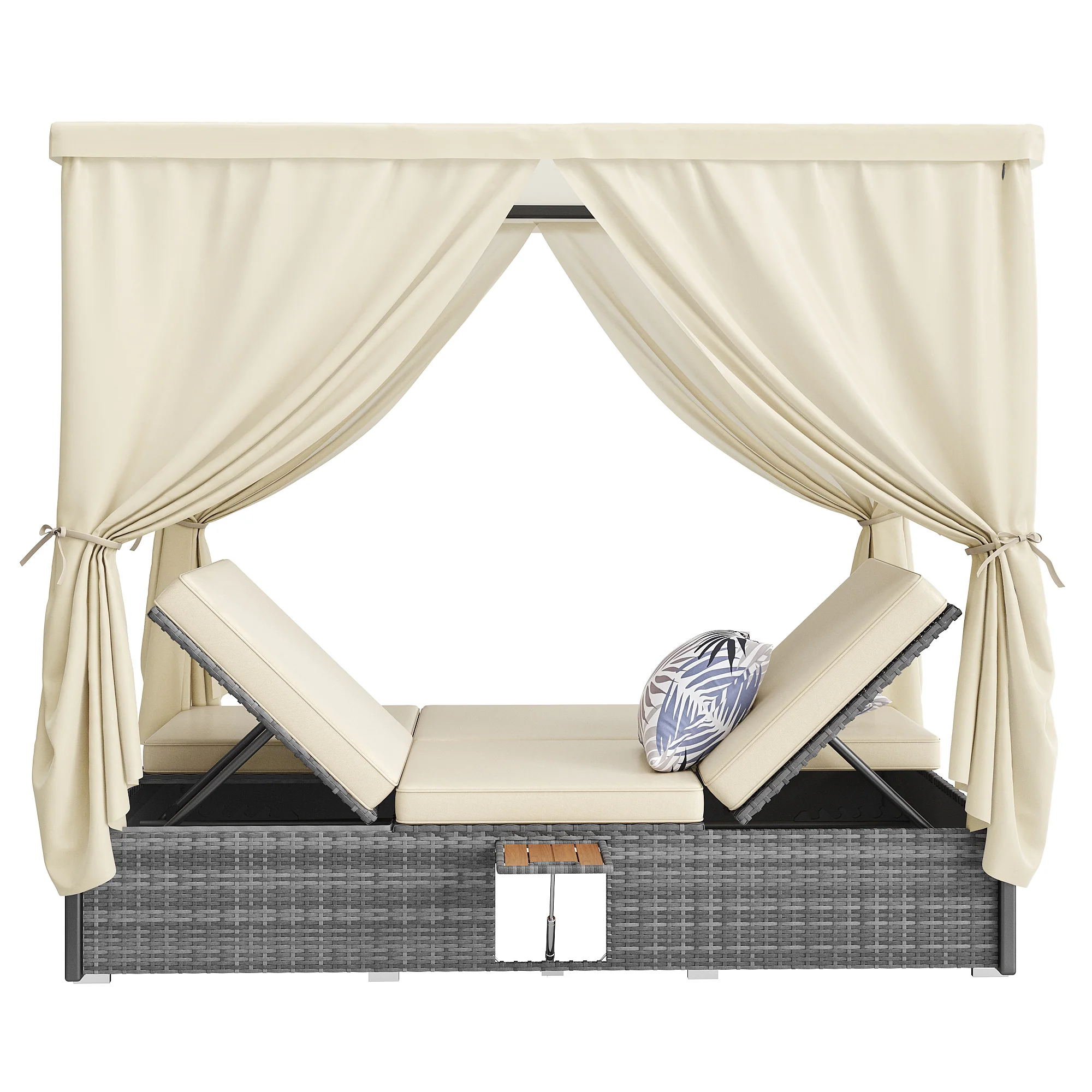Rattan Garden Lounger Double Bed with Shade Curtain, Foldable & Table - Cream-White - Image 6