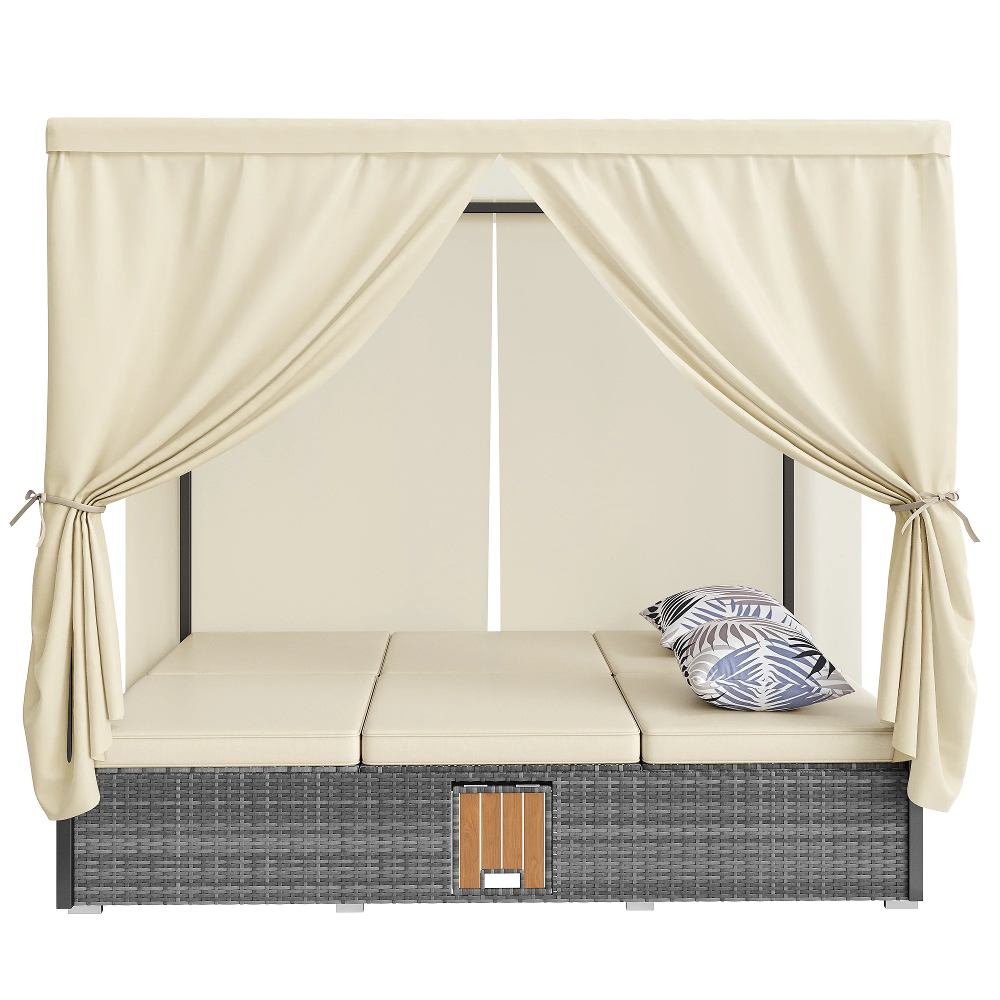 Rattan Garden Lounger Double Bed with Shade Curtain, Foldable & Table - Cream-White - Image 7