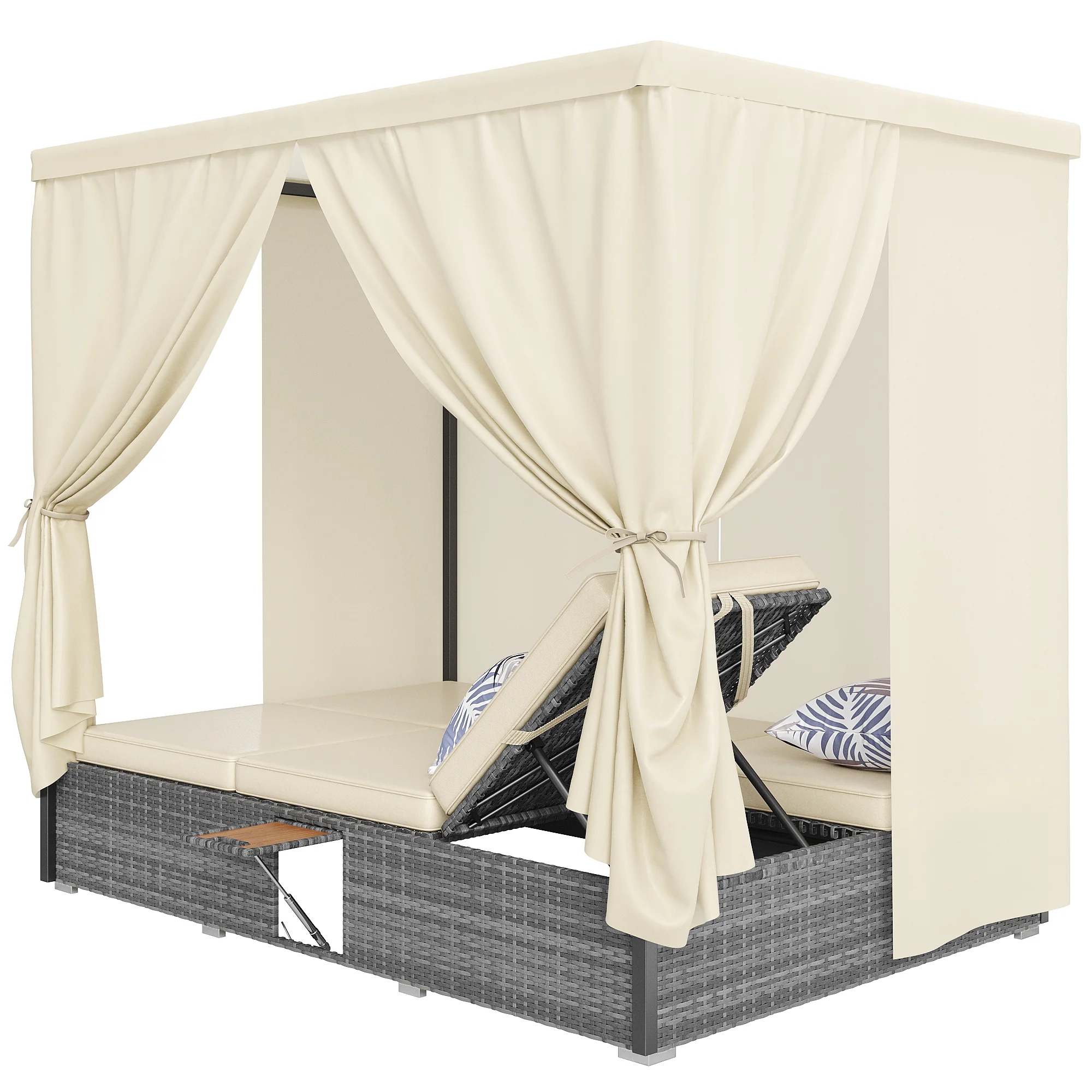 Rattan Garden Lounger Double Bed with Shade Curtain, Foldable & Table - Cream-White - Image 8