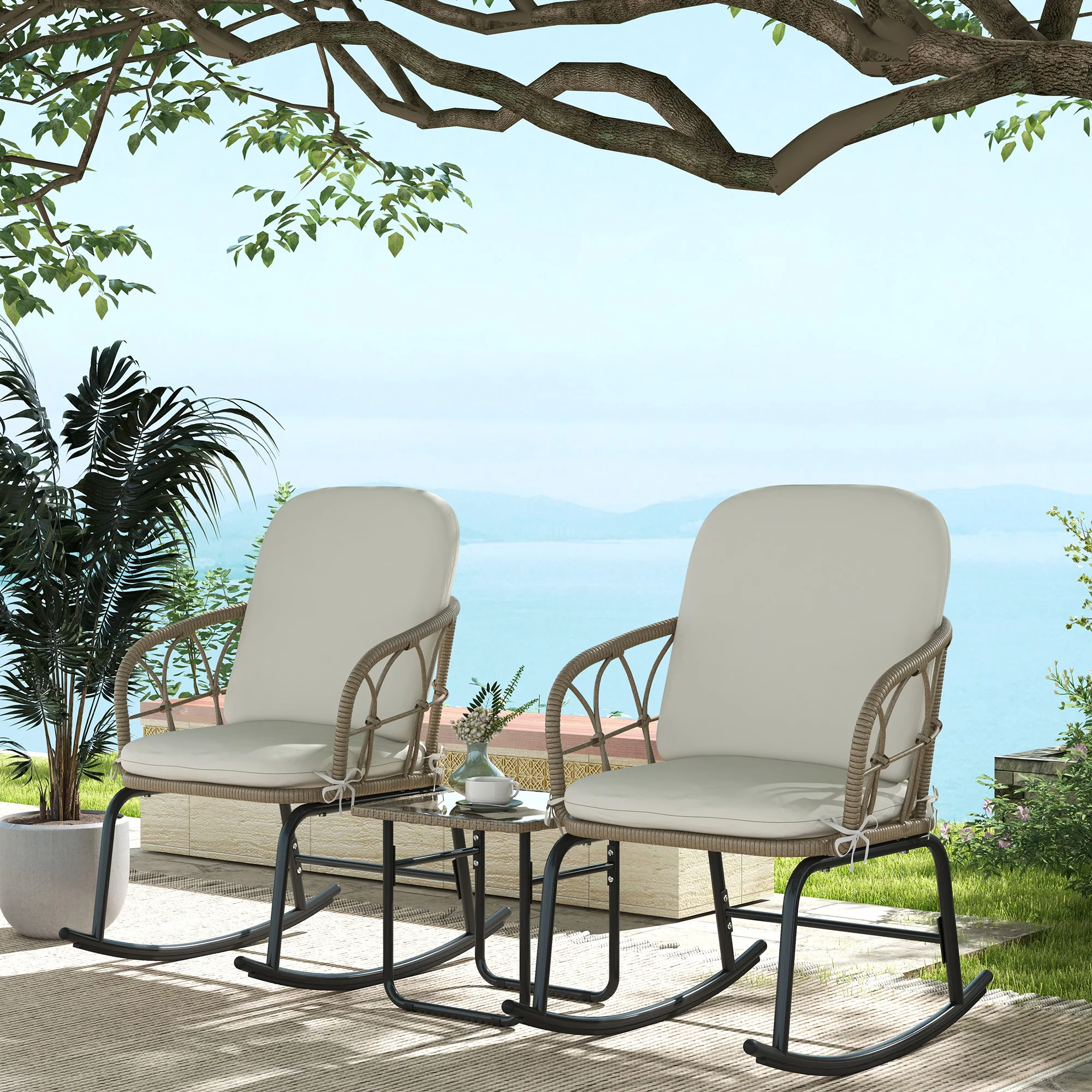 Rattan Rocking Chair Set, 3-Piece with Coffee Table & Cushions for Patio/Balcony
