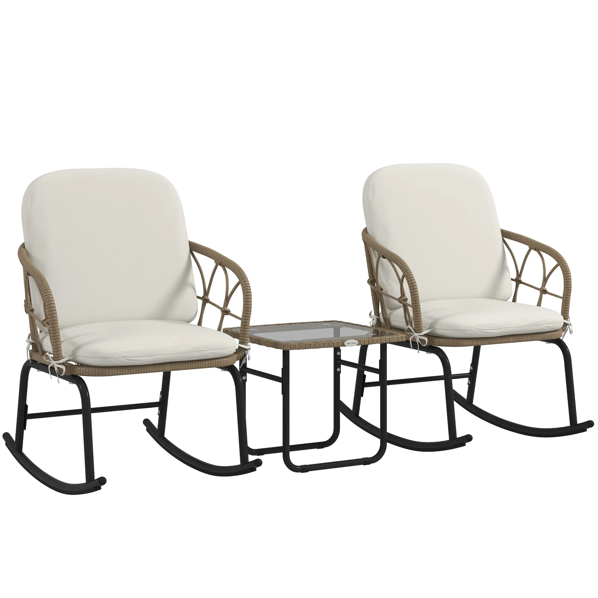 Rattan Rocking Chair Set, 3-Piece with Coffee Table & Cushions for Patio/Balcony - Image 2