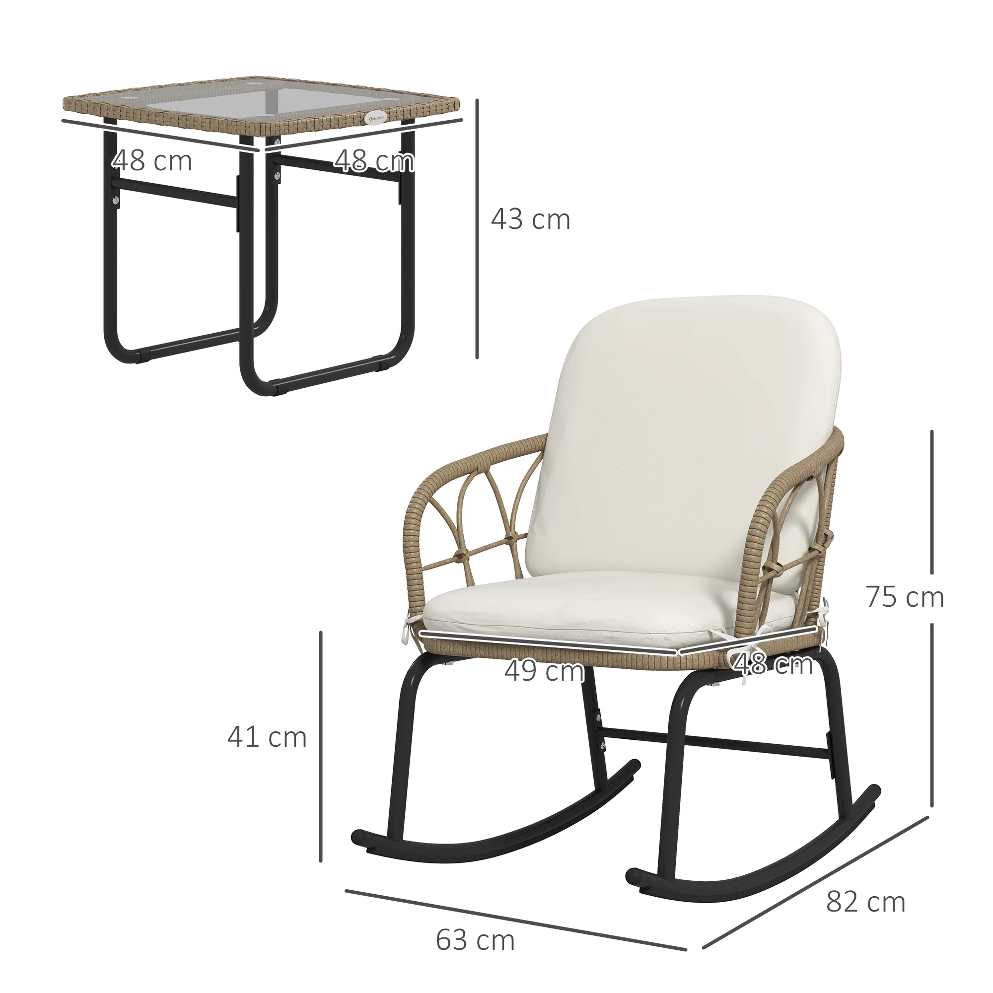 Rattan Rocking Chair Set, 3-Piece with Coffee Table & Cushions for Patio/Balcony - Image 3