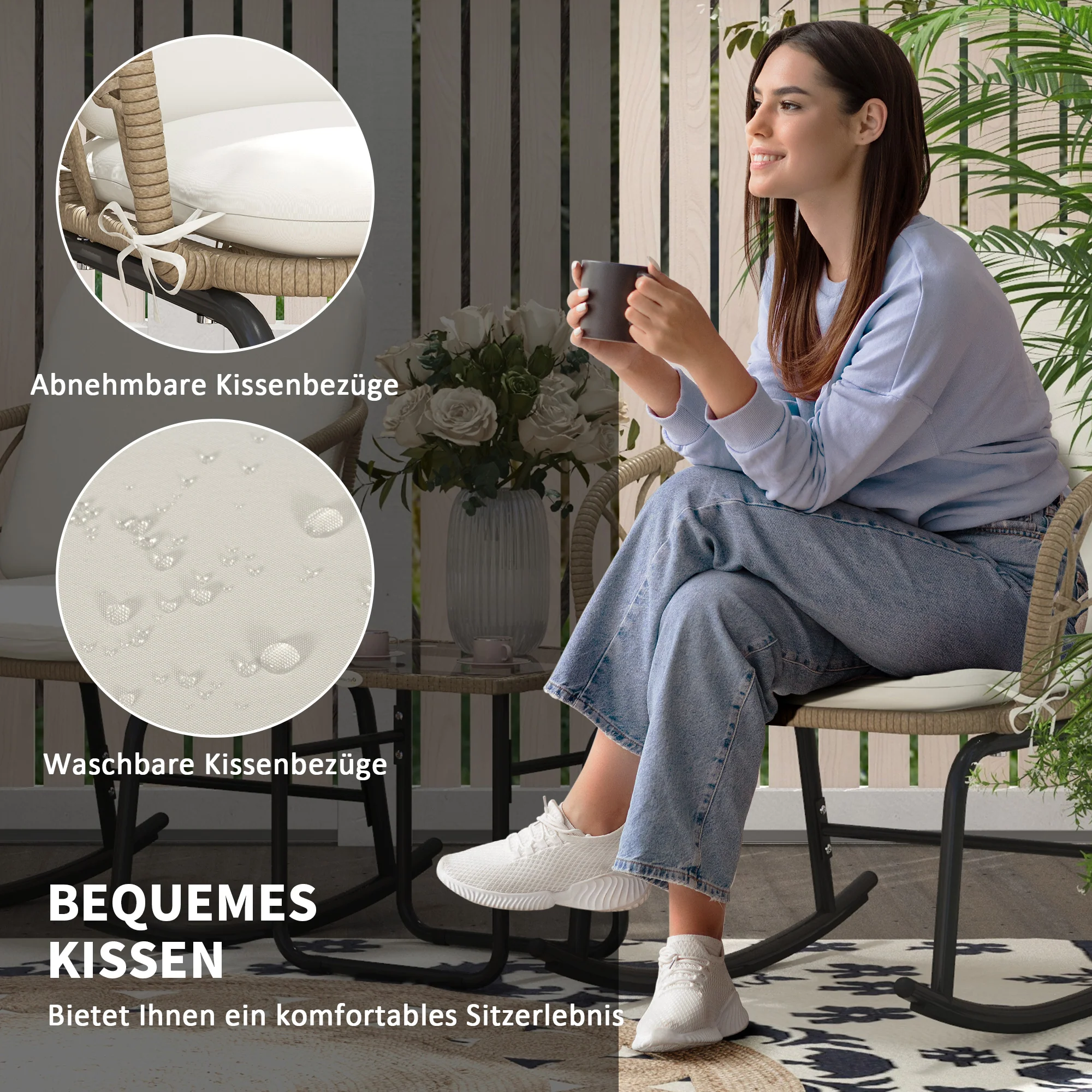 Rattan Rocking Chair Set, 3-Piece with Coffee Table & Cushions for Patio/Balcony - Image 4