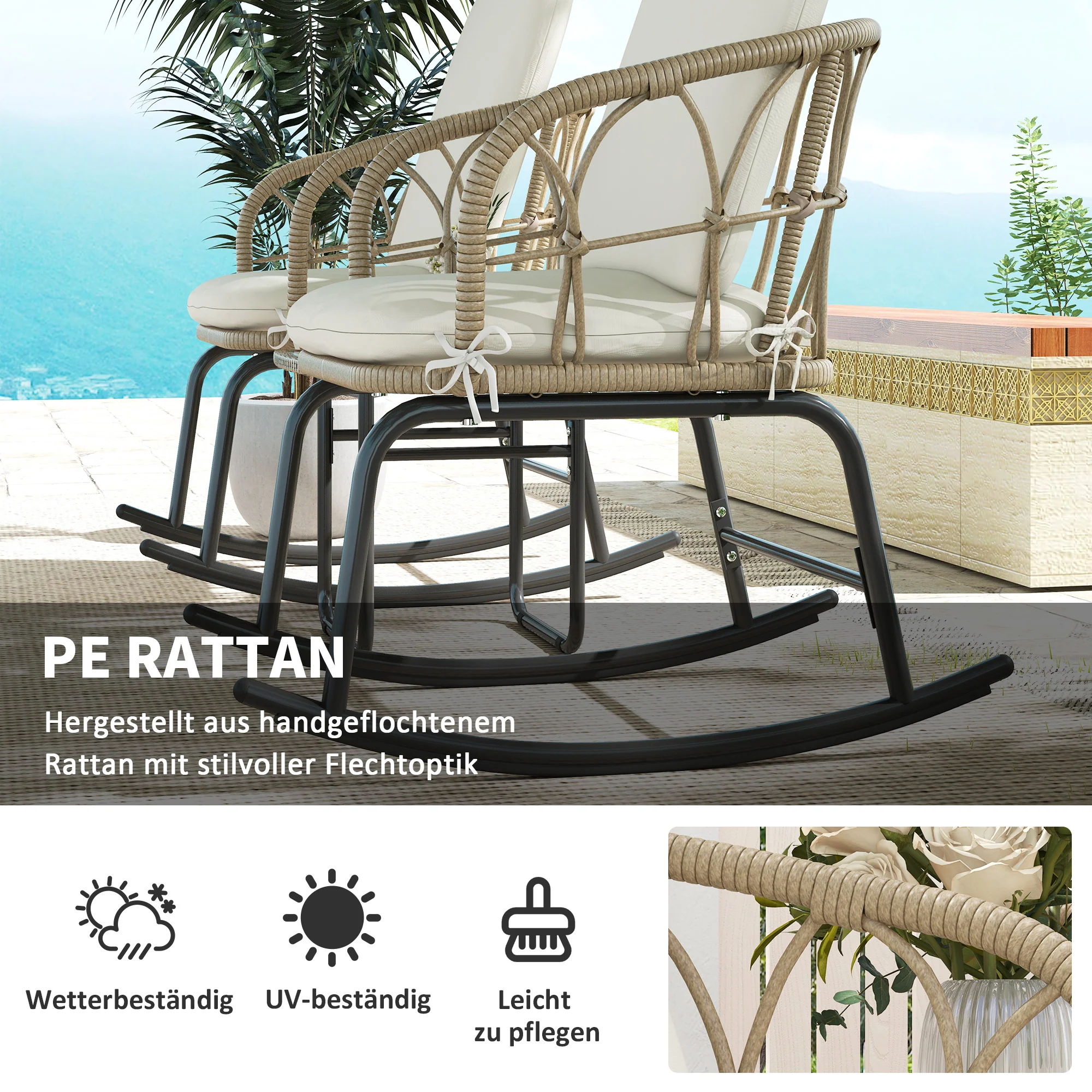Rattan Rocking Chair Set, 3-Piece with Coffee Table & Cushions for Patio/Balcony - Image 5