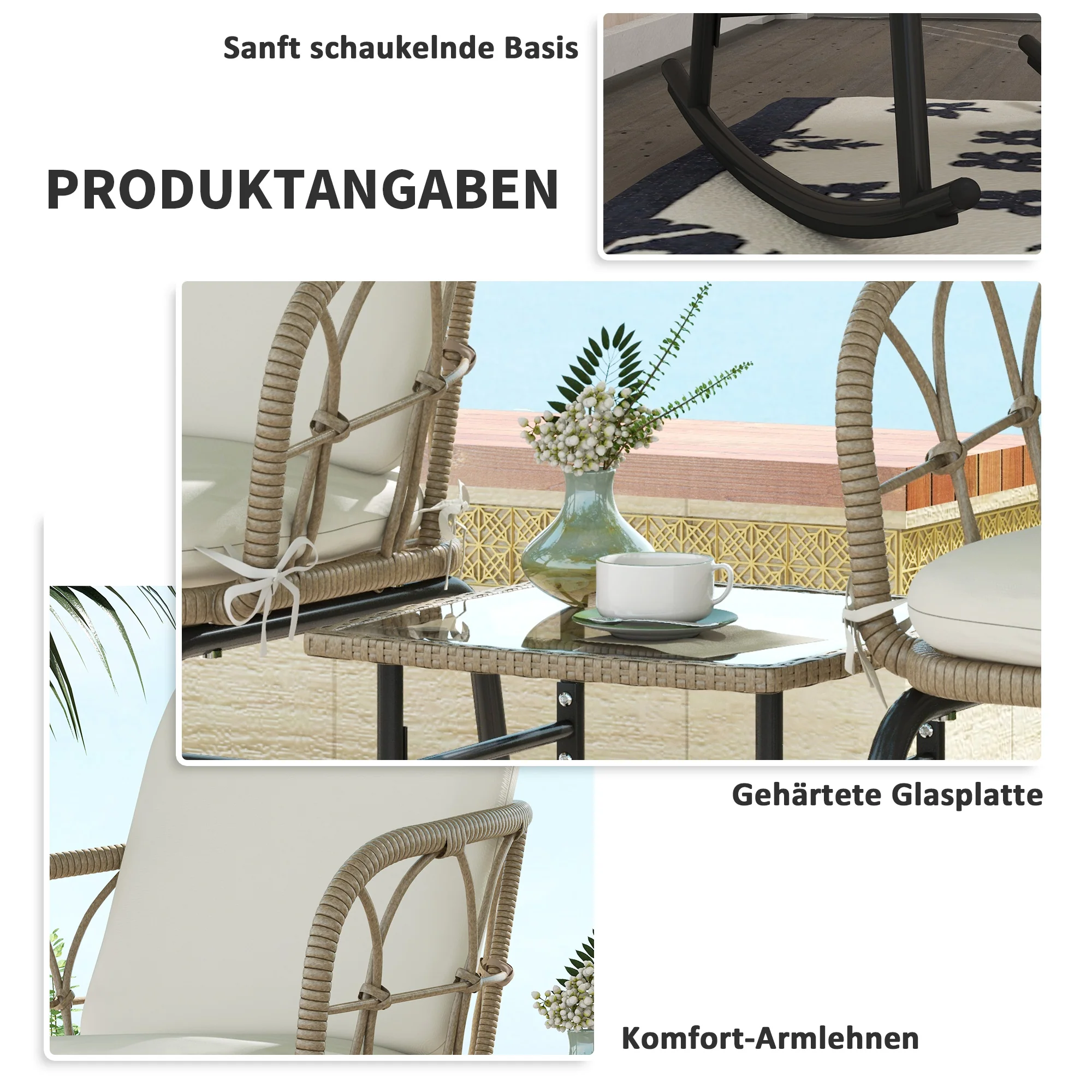 Rattan Rocking Chair Set, 3-Piece with Coffee Table & Cushions for Patio/Balcony - Image 6