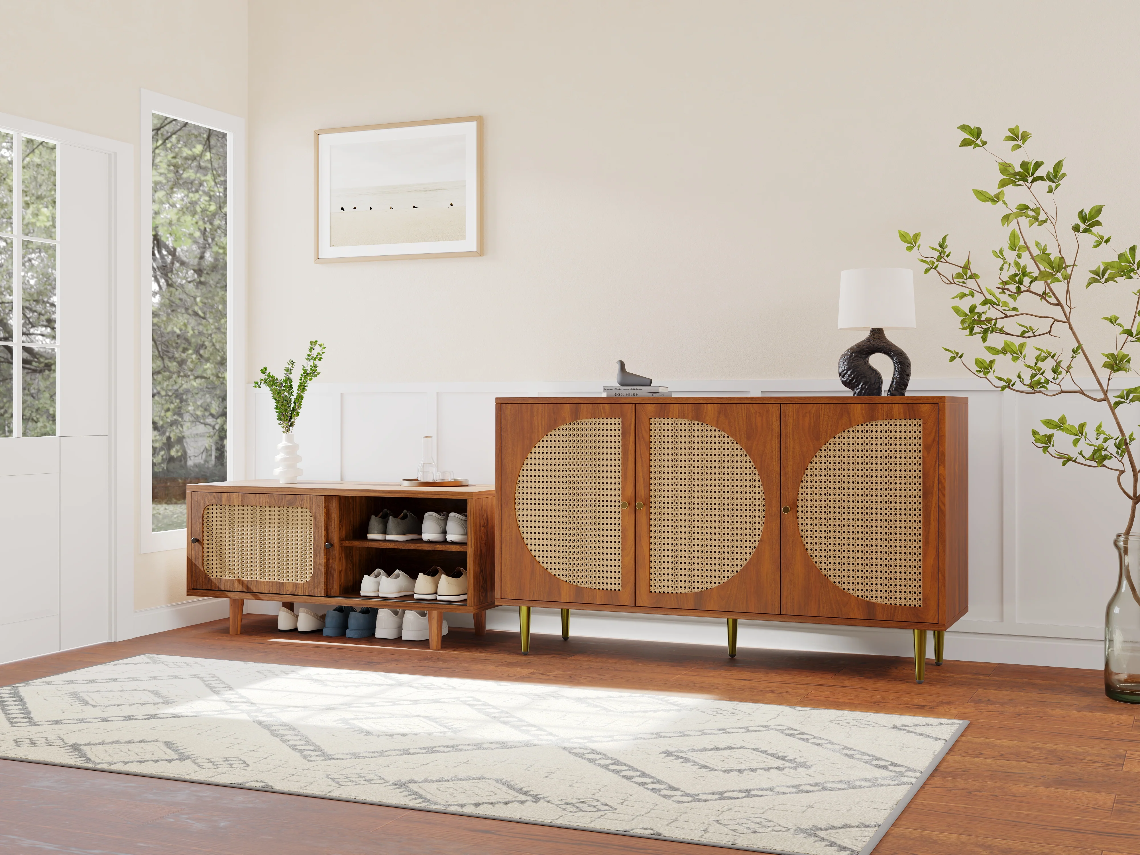 Rattan Sideboard Set, Living Room Chest & Shoe Cabinet, Walnut - Image 2
