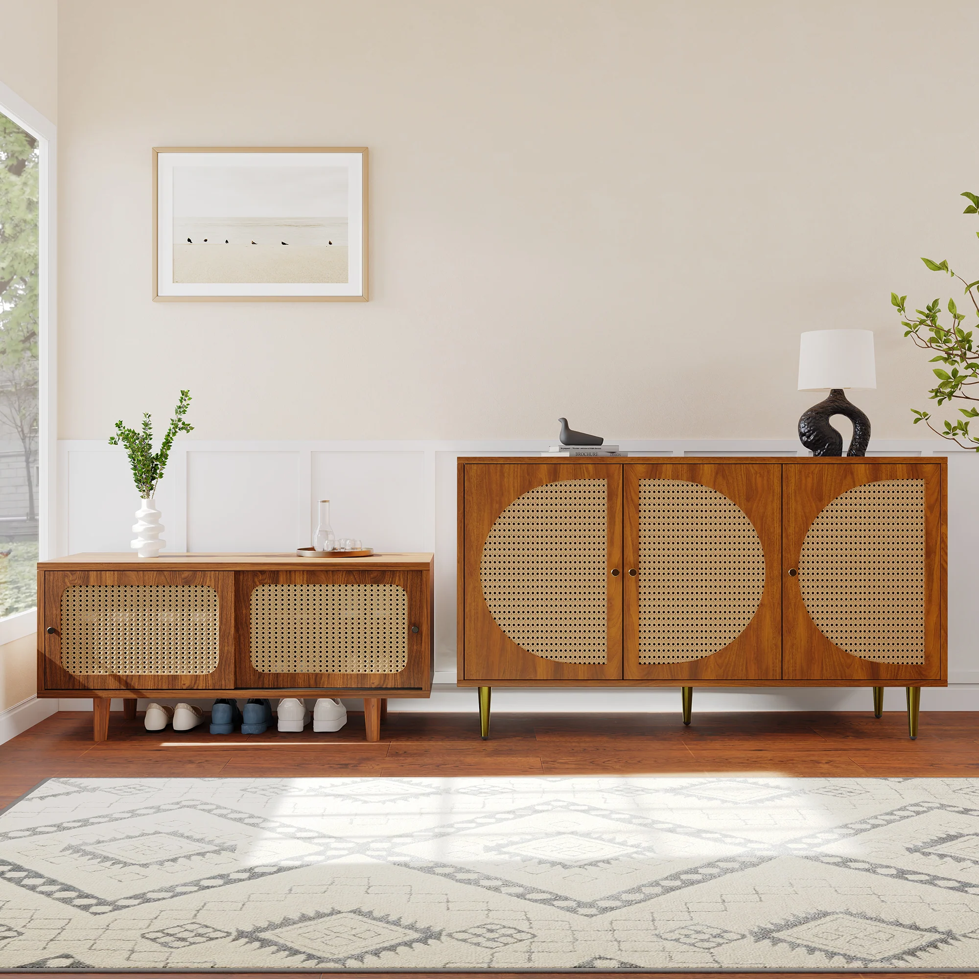 Rattan Sideboard Set, Living Room Chest & Shoe Cabinet, Walnut - Image 3