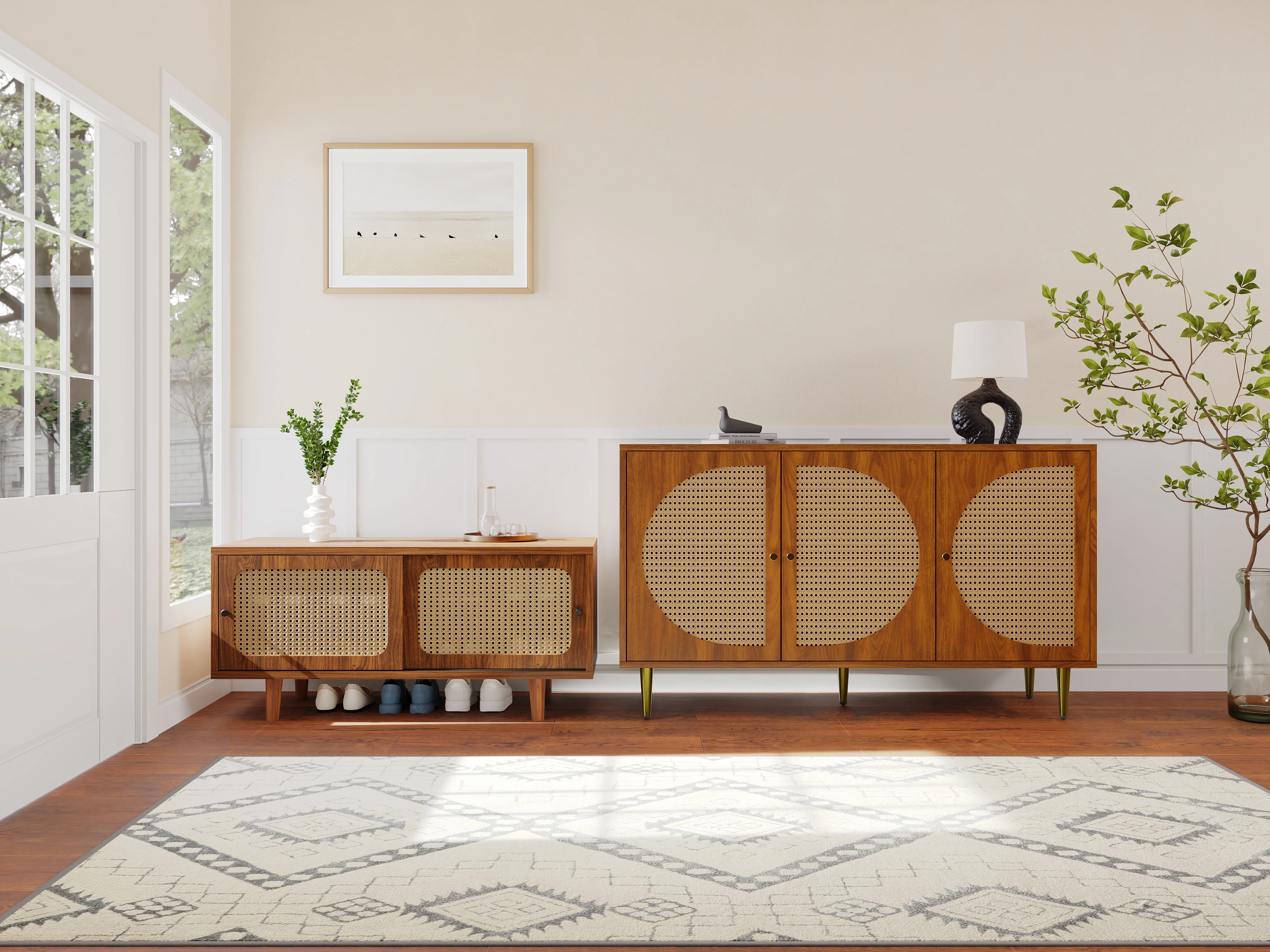 Rattan Sideboard Set, Living Room Chest & Shoe Cabinet, Walnut - Image 4