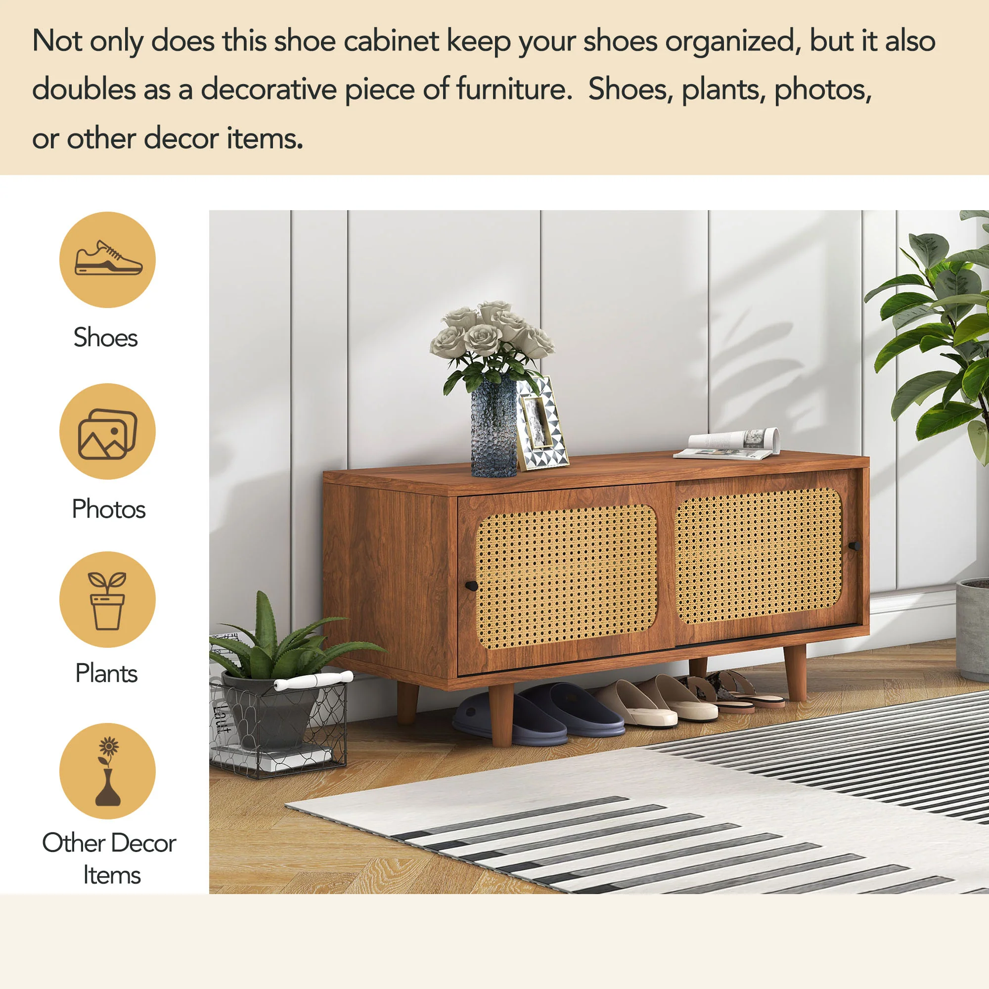 Rattan Sideboard Set, Living Room Chest & Shoe Cabinet, Walnut - Image 5