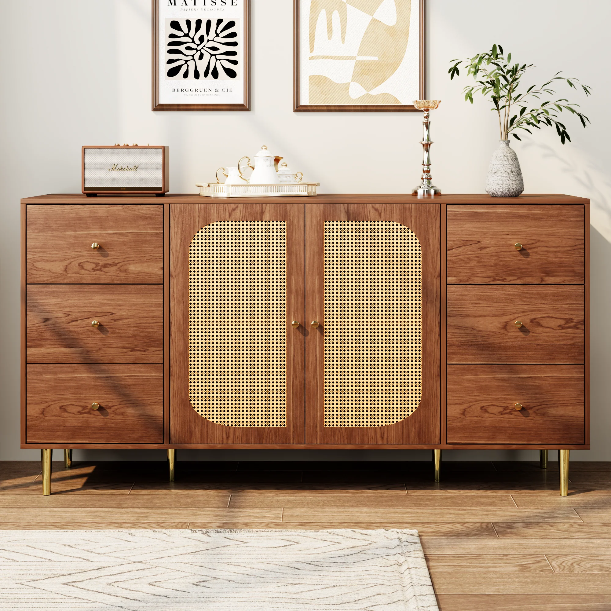 Rattan Sideboard Storage Cabinet with Drawer 160x40x90cm Brown Wood - Image 2