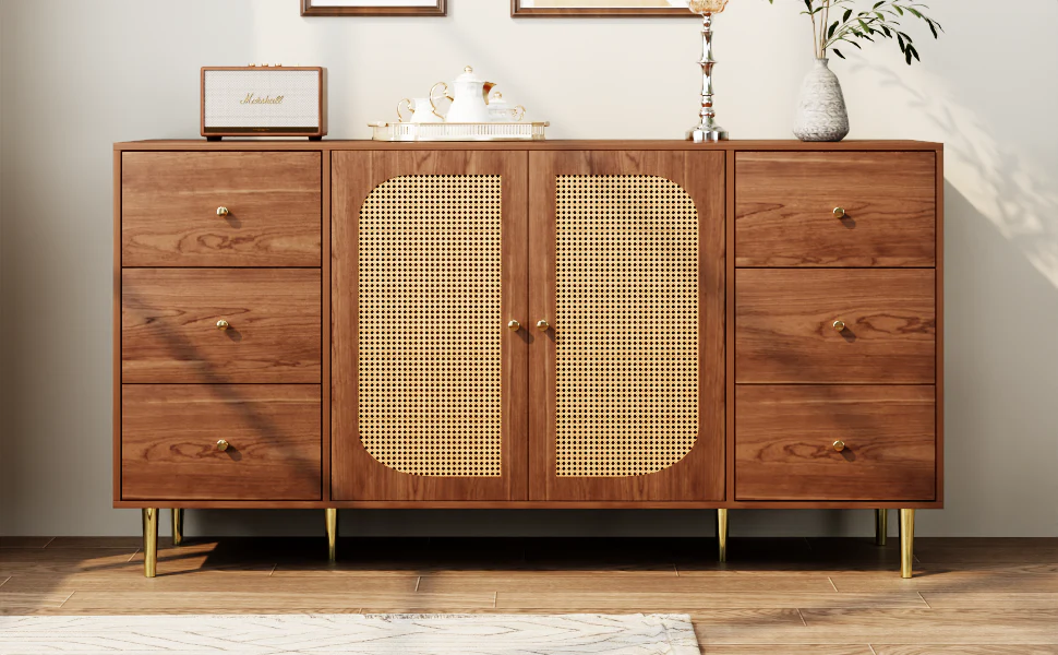 Rattan Sideboard Storage Cabinet with Drawer 160x40x90cm Brown Wood - Image 3