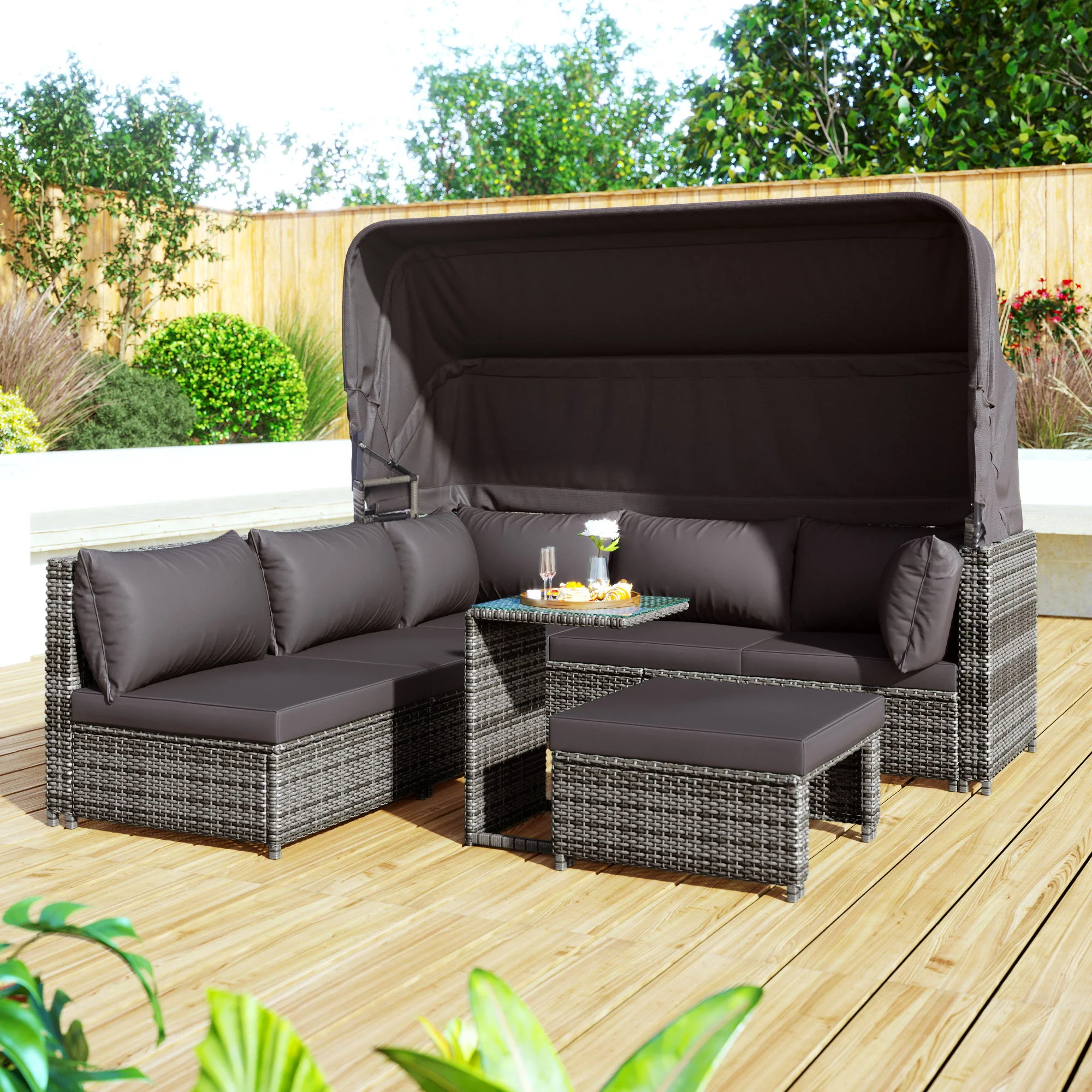 Rattan Sun Island Lounge Set - Sofa Sunshade Stool Armchairs Table - Weatherproof Grey