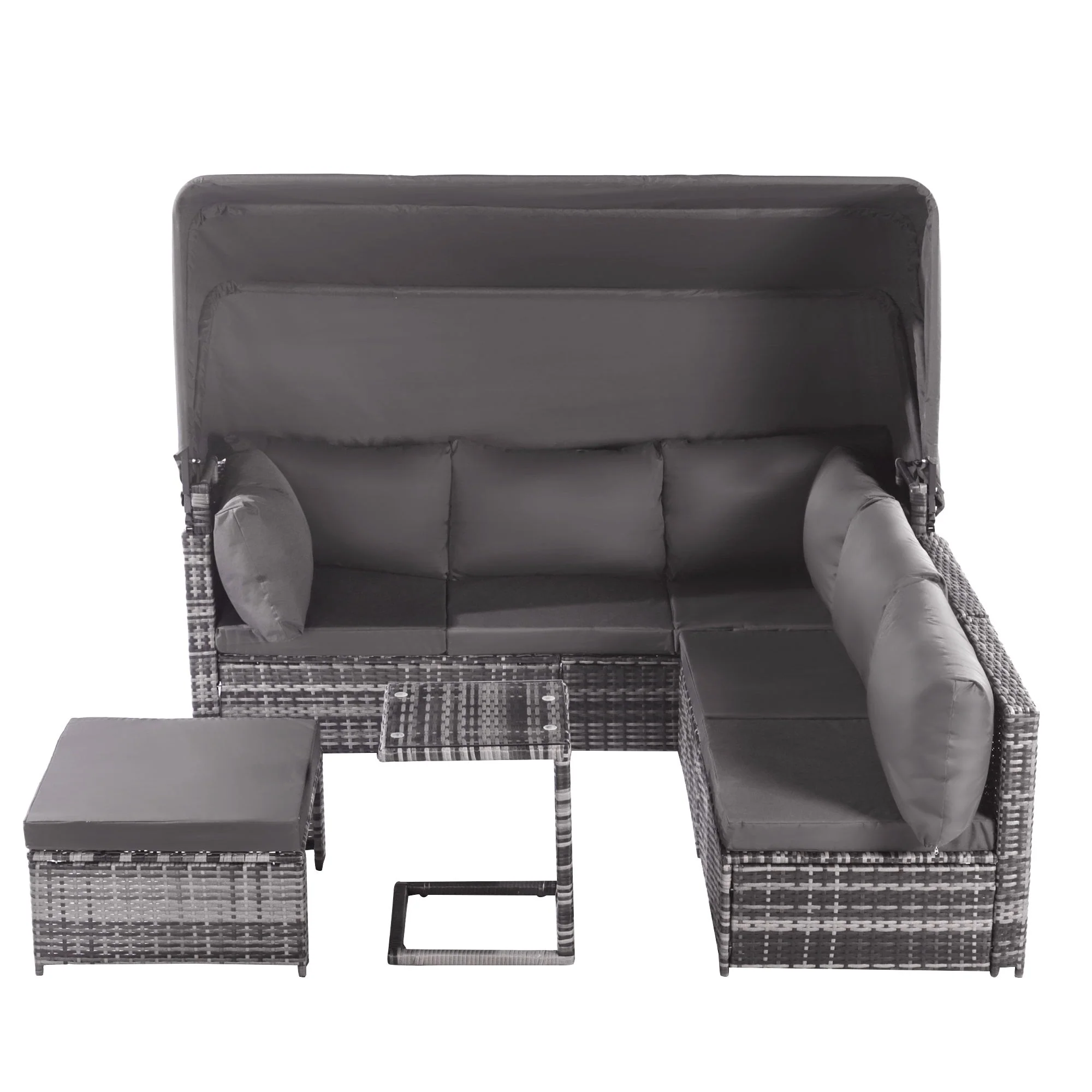 Rattan Sun Island Lounge Set - Sofa Sunshade Stool Armchairs Table - Weatherproof Grey - Image 2