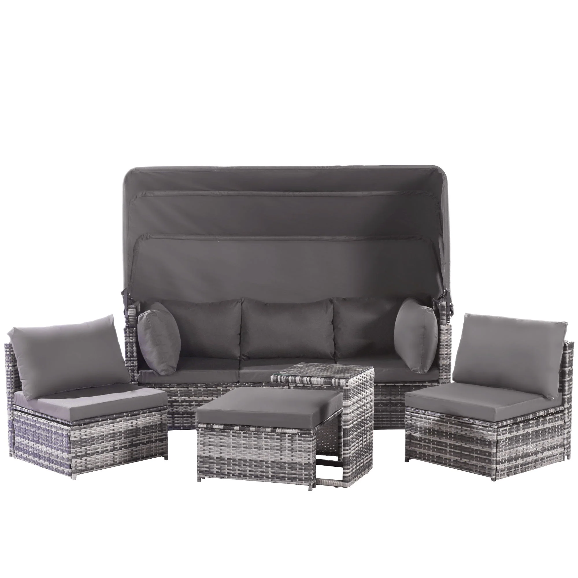Rattan Sun Island Lounge Set - Sofa Sunshade Stool Armchairs Table - Weatherproof Grey - Image 3
