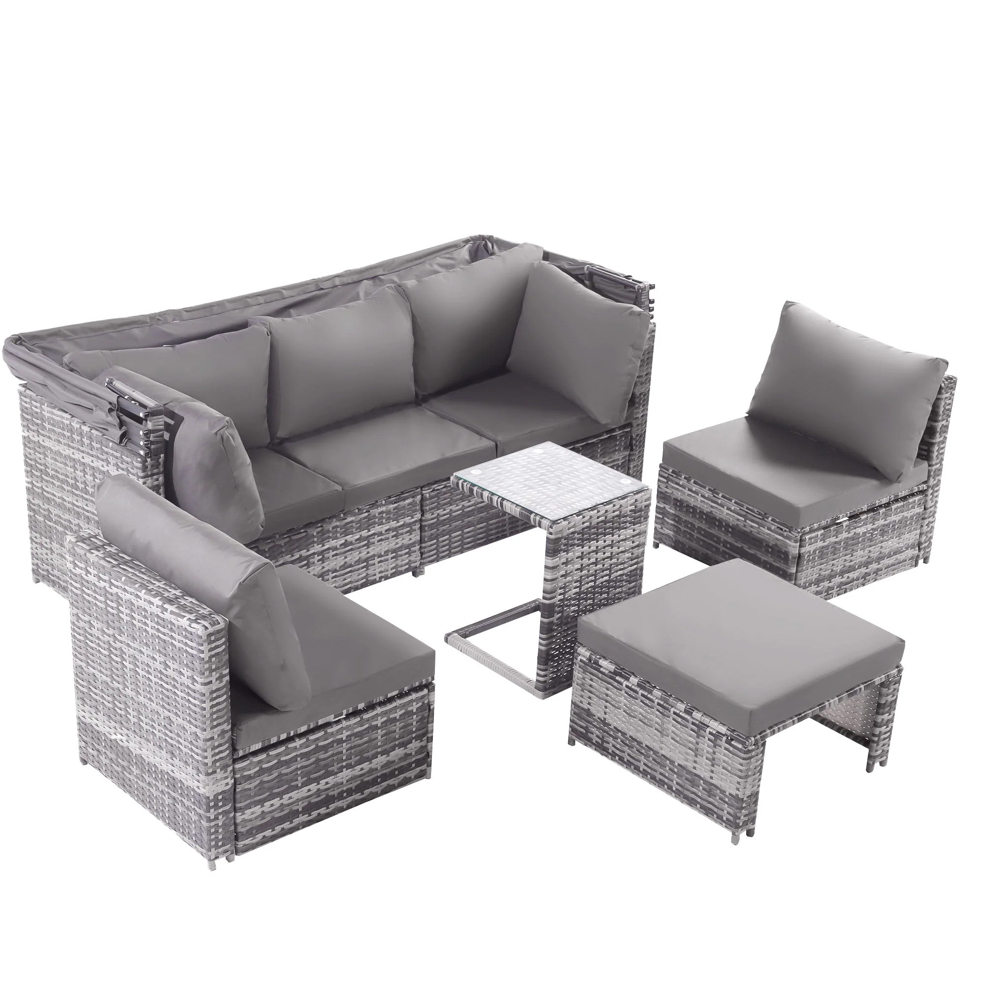Rattan Sun Island Lounge Set - Sofa Sunshade Stool Armchairs Table - Weatherproof Grey - Image 4