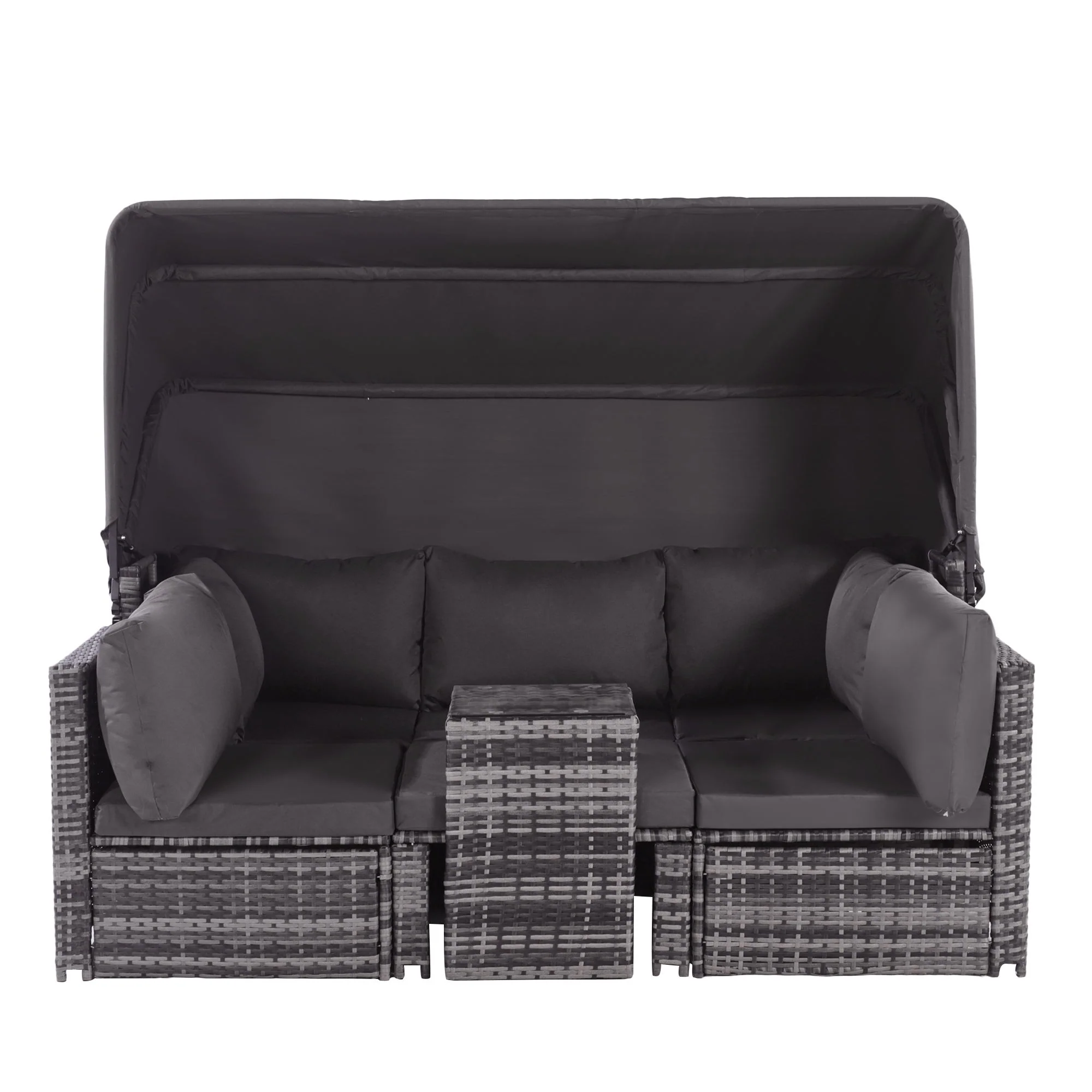 Rattan Sun Island Lounge Set - Sofa Sunshade Stool Armchairs Table - Weatherproof Grey - Image 5