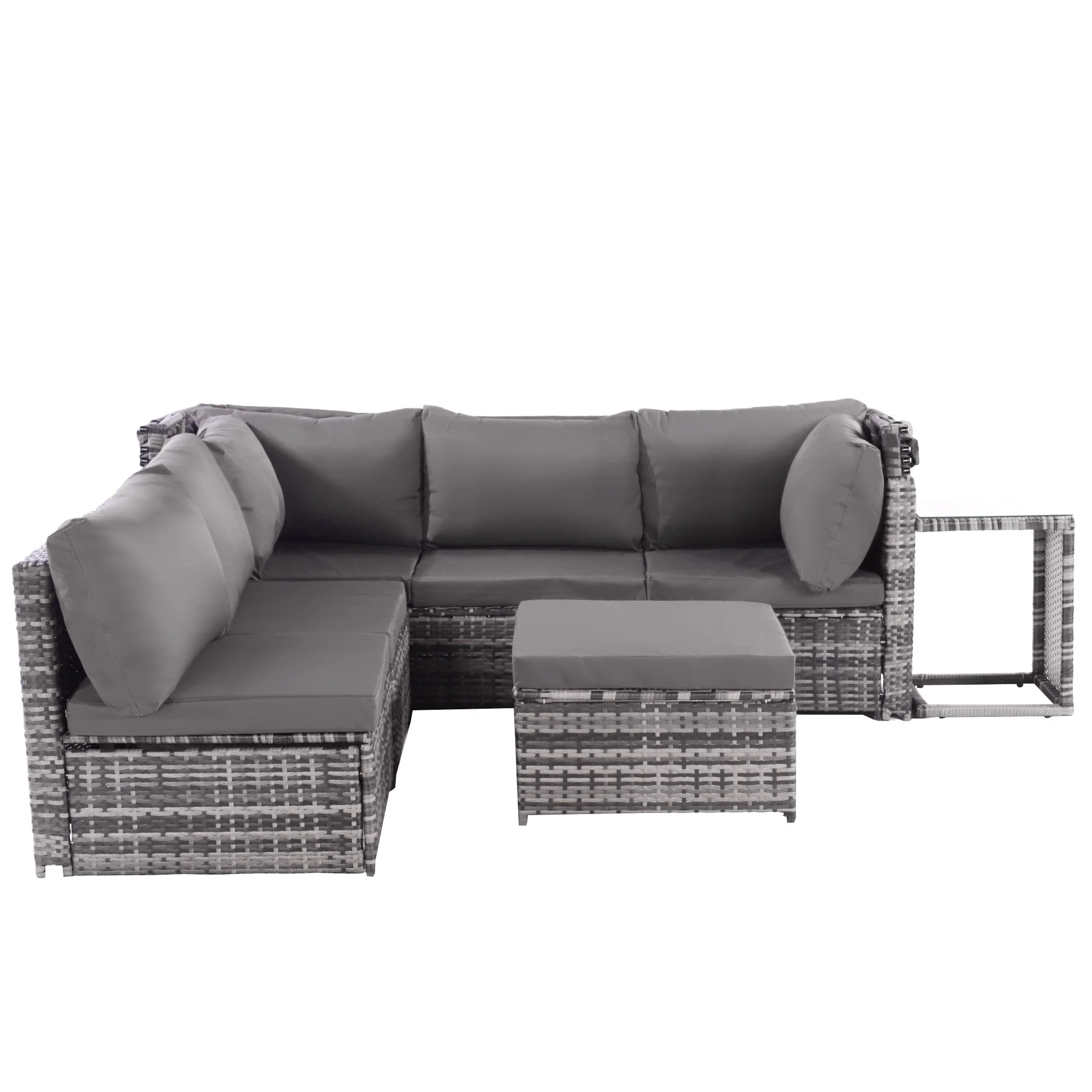 Rattan Sun Island Lounge Set - Sofa Sunshade Stool Armchairs Table - Weatherproof Grey - Image 7
