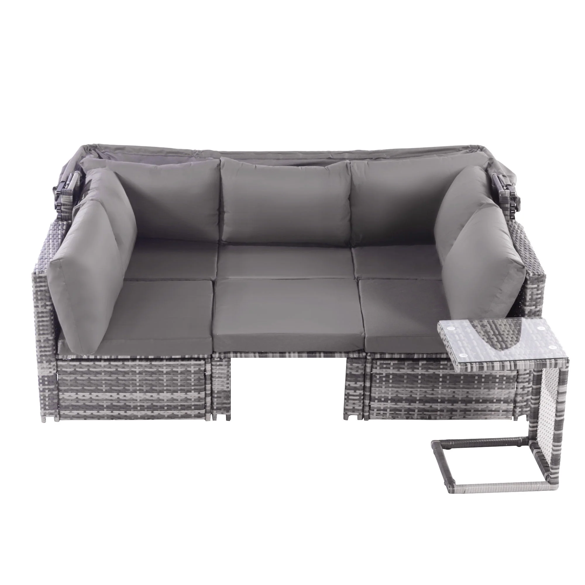 Rattan Sun Island Lounge Set - Sofa Sunshade Stool Armchairs Table - Weatherproof Grey - Image 8