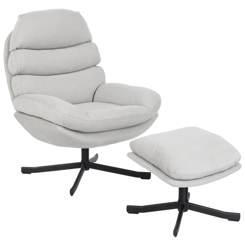 Reclining Armchair & Footstool Chenille Fabric - Cream White - Image 2